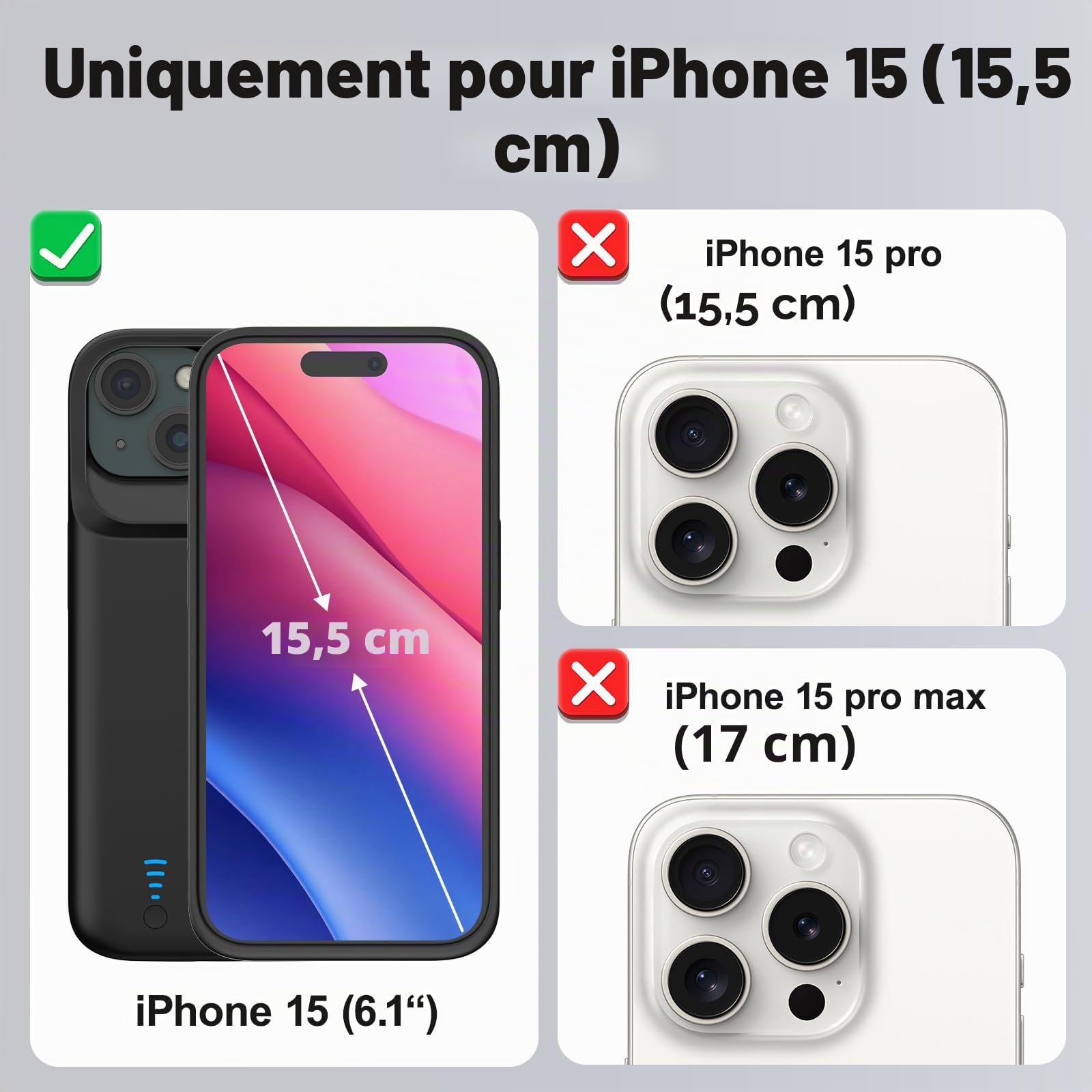 Coque de Batterie pour iPhone 15, Véritable Étui de Charge Fin Rechargeable 8500 mAh avec Support, Batterie Externe de Protection Portable pour iPhone 15, 6,1 Pouces, Noir