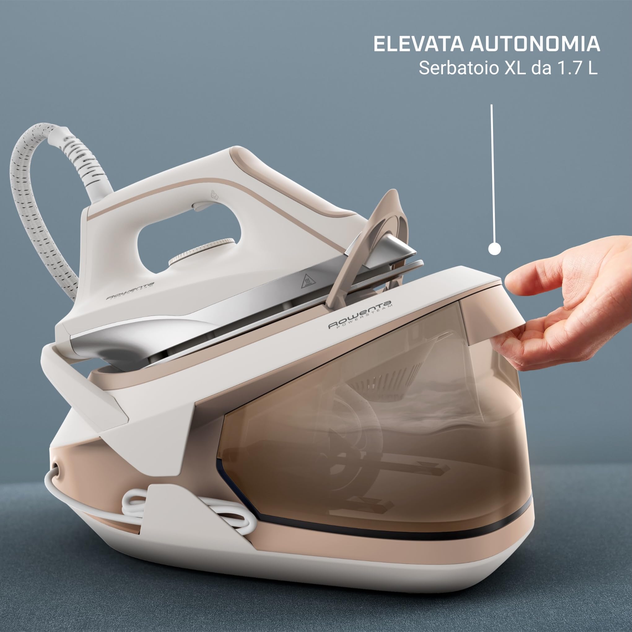 Rowenta Turbosteam Generatore di Vapore Compatto e Potente con Piastra MicroSteam400 e Serbatoio XL da 1,7L, Con Modalità Eco e Stiratura Verticale, VR8326