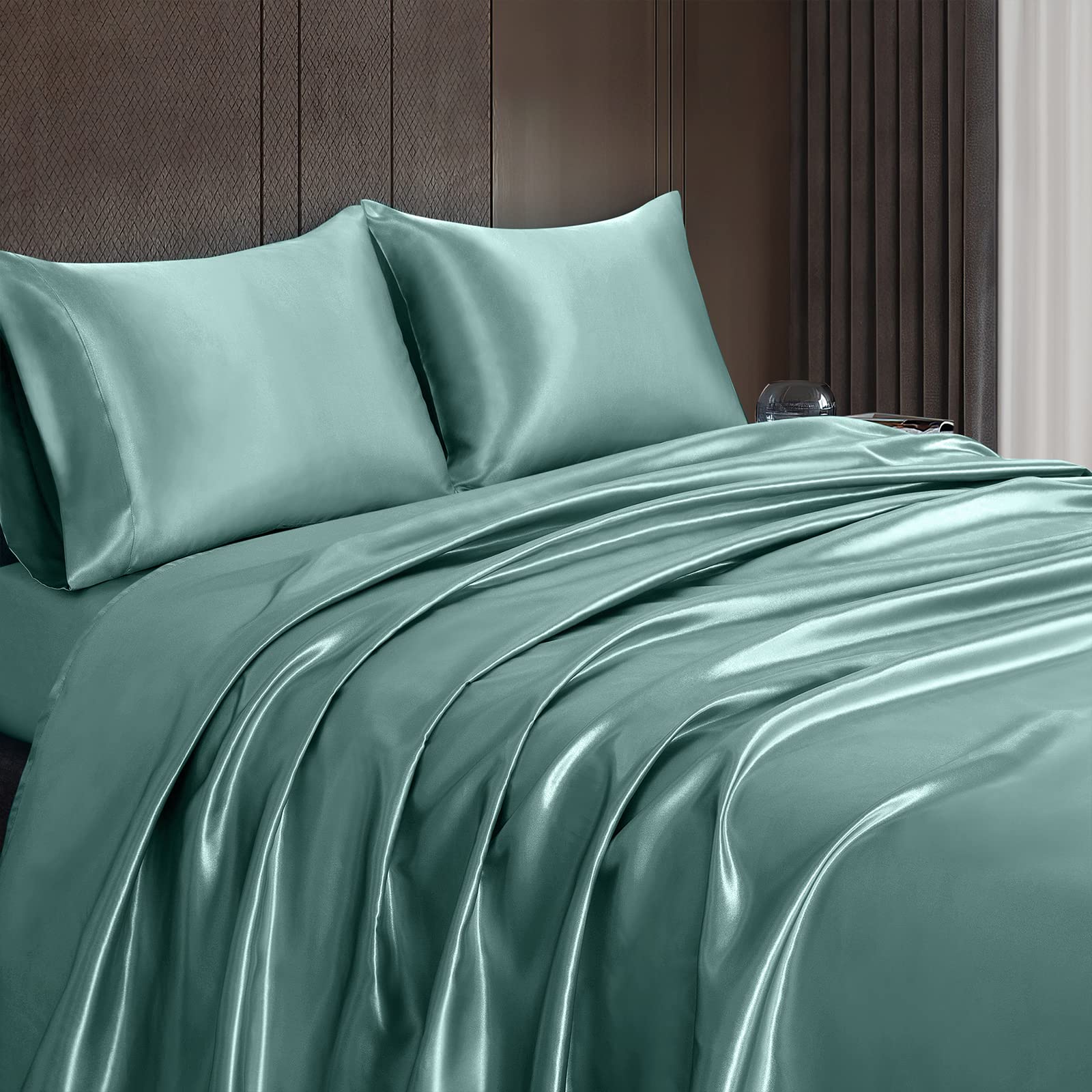 Rich Home 4pcs Satin Sheets Set with 15'' Deep Pocket,Luxury Greyish Green Silky Satin Bedding Set with 1 Fitted Sheet + 1 Flat Sheet + 2 Pillowcases (Queen, Greyish Green)