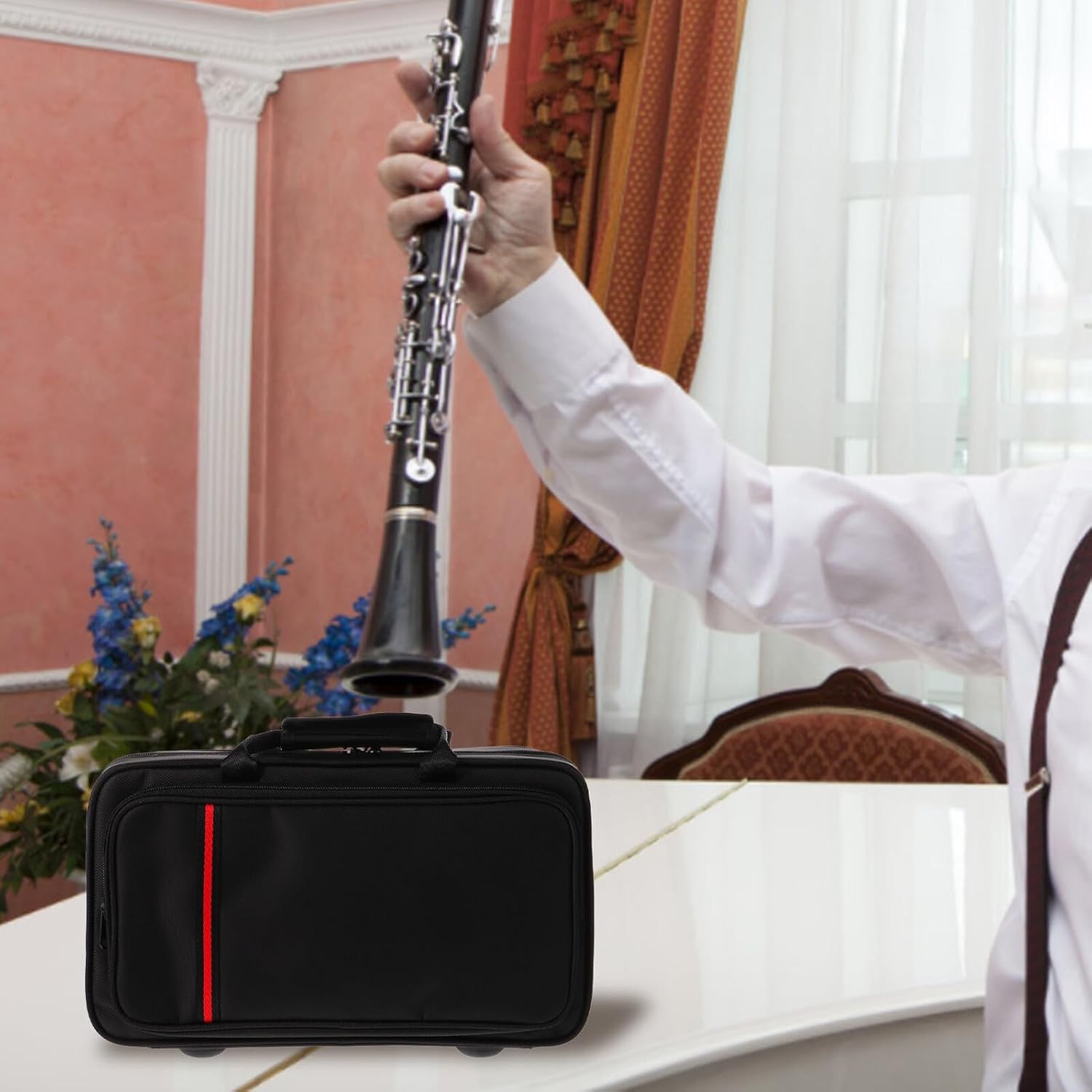 Portable Clarinet Bag Black Tube Square Box Oxford Fabric Music Instrument Pouch for Men with Pressure-resistant Leather Suitable for Woodwind Clarinet Storage