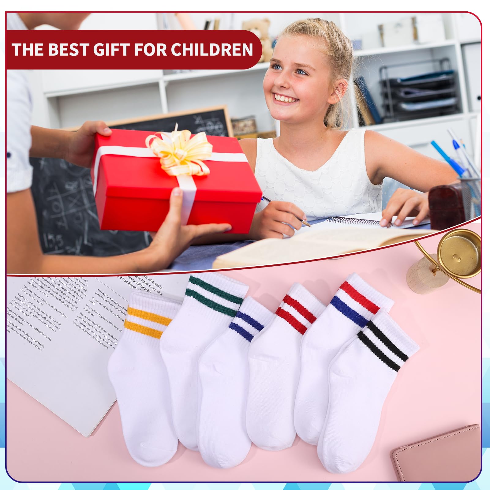 Zuimei 6 Pairs Boys Girls Socks Kids Sport Crew Socks Junior Cotton School Sports Sock, Striped Stretchy Athletic Sock for Girls and Boys 6-12 Years