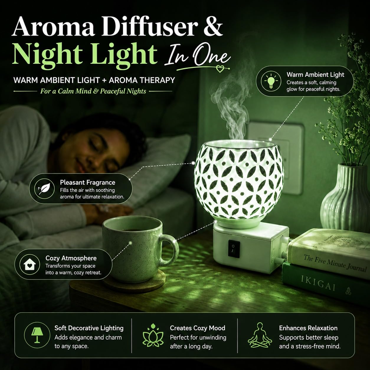 Revwd Kapoor Dani Electrical Camphor Diffuser Glass with On/Off Switch to Toggle Between Burner and Lamp (Green Kapoordani) 1