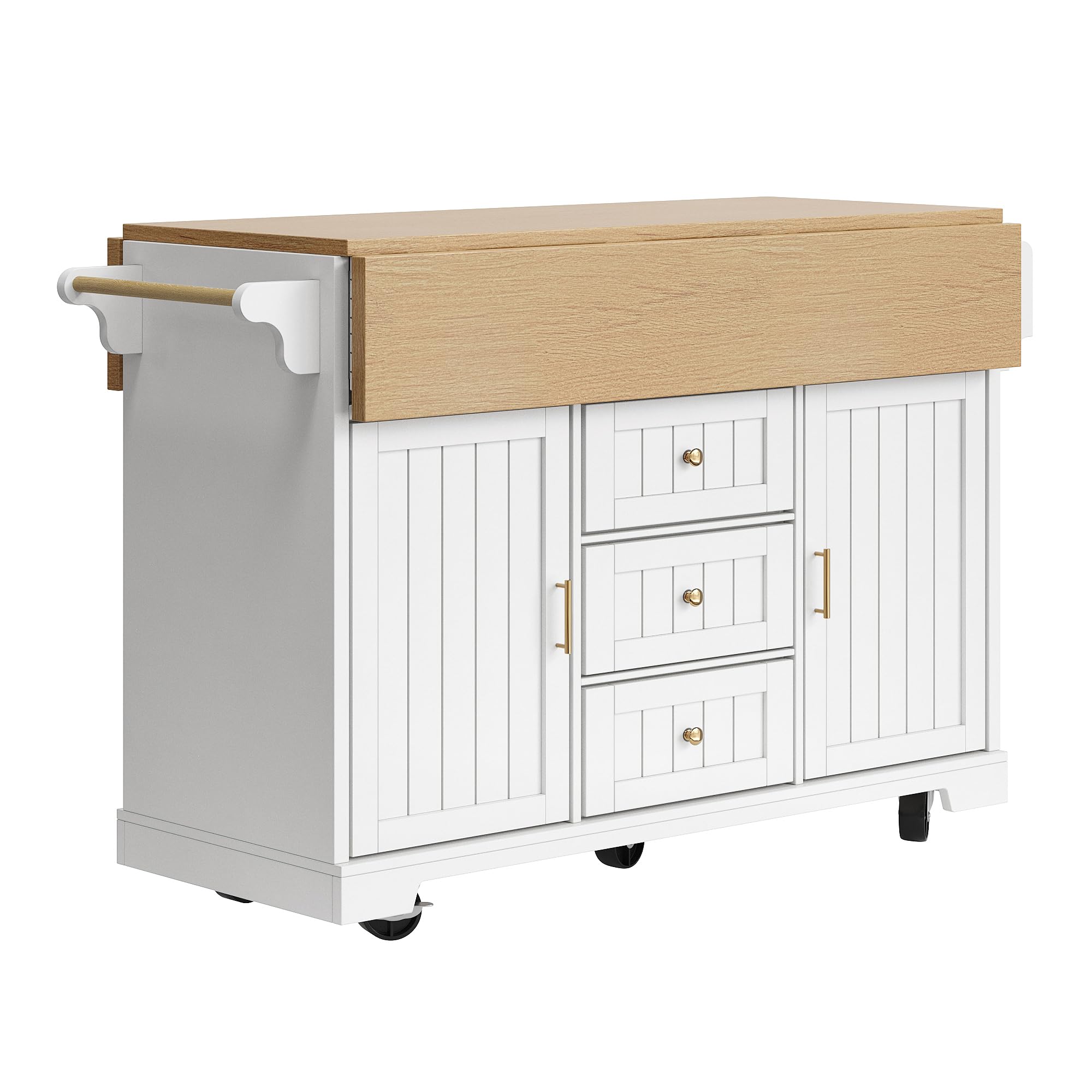 Sapgaks Îlot de Cuisine,Meuble,Buffet 120 x 40 (80) x 95 cm,Chariot de Cuisine Extensible à roulettes, Extensible des Deux côtés, avec Porte-Serviettes et étagère à épices,Trois tiroirs,(Blanc-4)