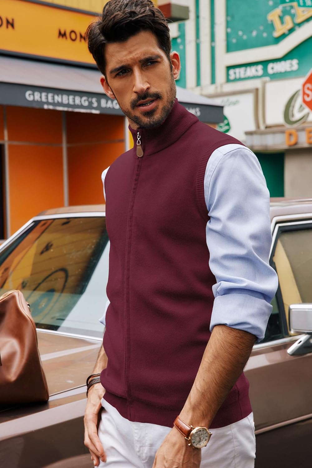 PJ PAUL JONES Mens Sweater Vest Full-Up Knitted Vests Casual Stand Collar Vests Sweater - Image 4