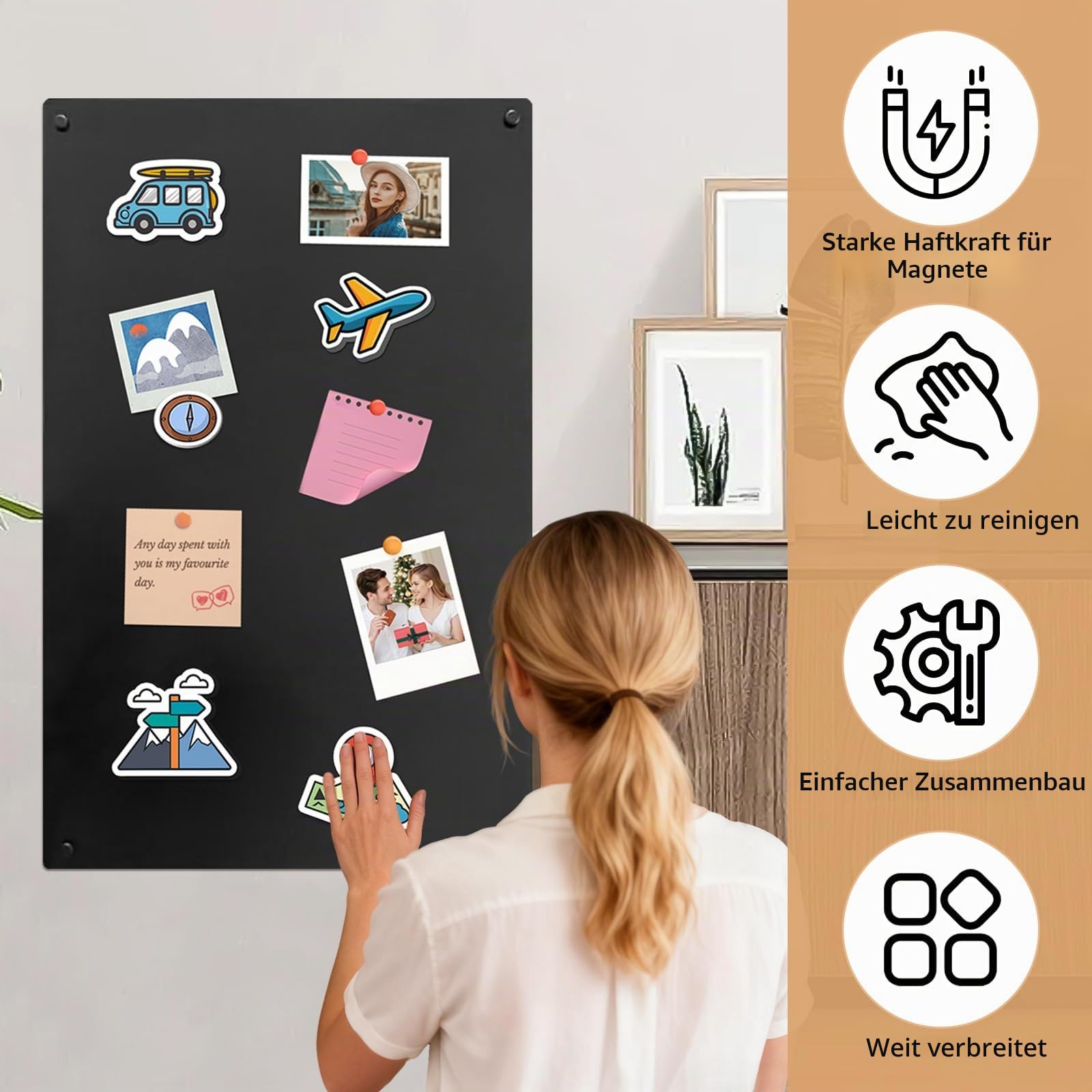 Magnettafel Schwarz 80x50cm, Metall Große Magnetwand, Pinnwand Magnetisch Magnetboard für Küche, Büro, Kinderzimmer zur Unterbringung von Touristenmagnete Notizen und Fotos (Neutral)