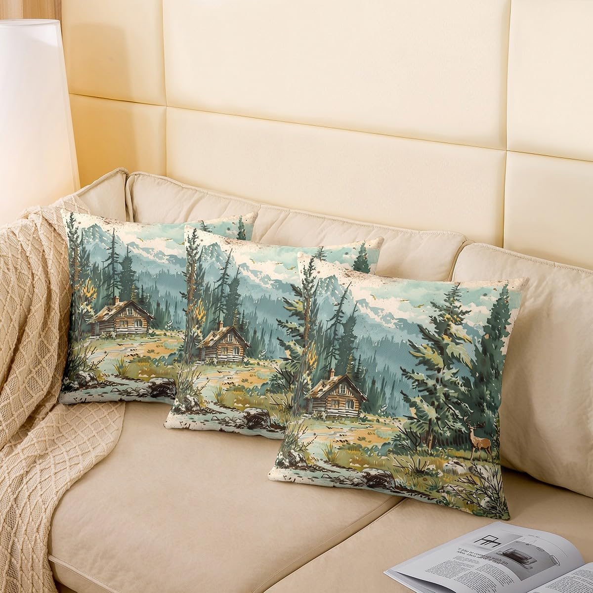 Castle Fairy Adventure Cabin Pillow Cover for Sofa Couch Chair Farmhouse Lake Life Throw Pillow Cover Watercolor Mountain Trees Outdoor Pillow Cover Natural Scenery Cushion Cover 24"x24"