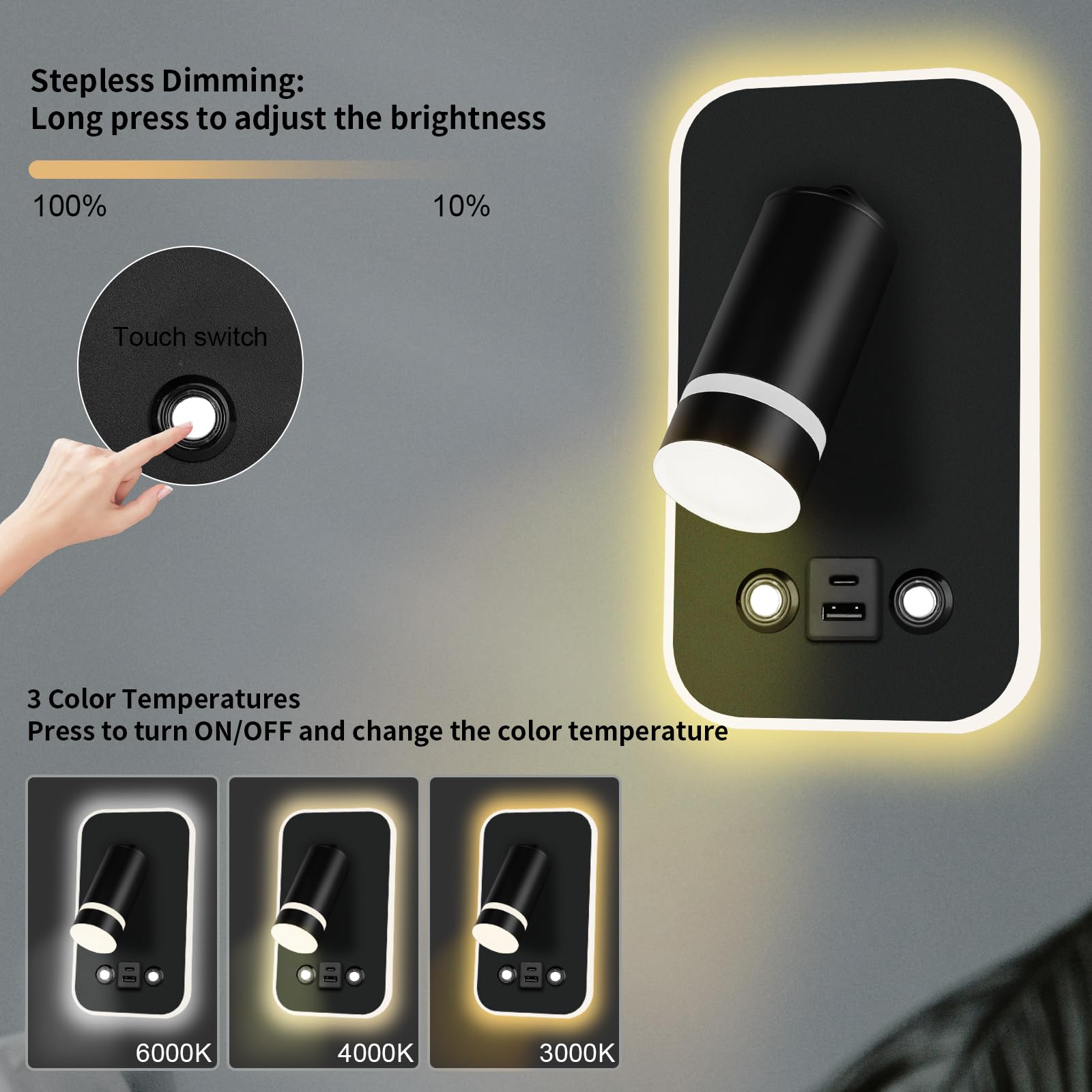 HUIZHOU Lampada LED da Parete 12W con Controllo Touch, 3 Modalità di Luce, Porta USB Integrata, Rotazione 350°, Lampada da Lettura Moderna per Camera da Letto, Comodino e Soggiorno (Rettangolo nero)