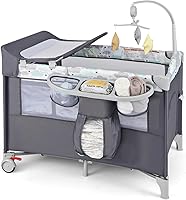 Vista 11 de HONEY JOY Pack and Play con moisés, 5 en 1, cuna para bebé junto a la cama con mesa de cambio de pañales y bolsa de almacenamiento, arco de juguetes