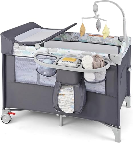 Miniatura 11 de HONEY JOY Pack and Play con moisés, 5 en 1, cuna para bebé junto a la cama con mesa de cambio de pañales y bolsa de almacenamiento, arco de juguetes