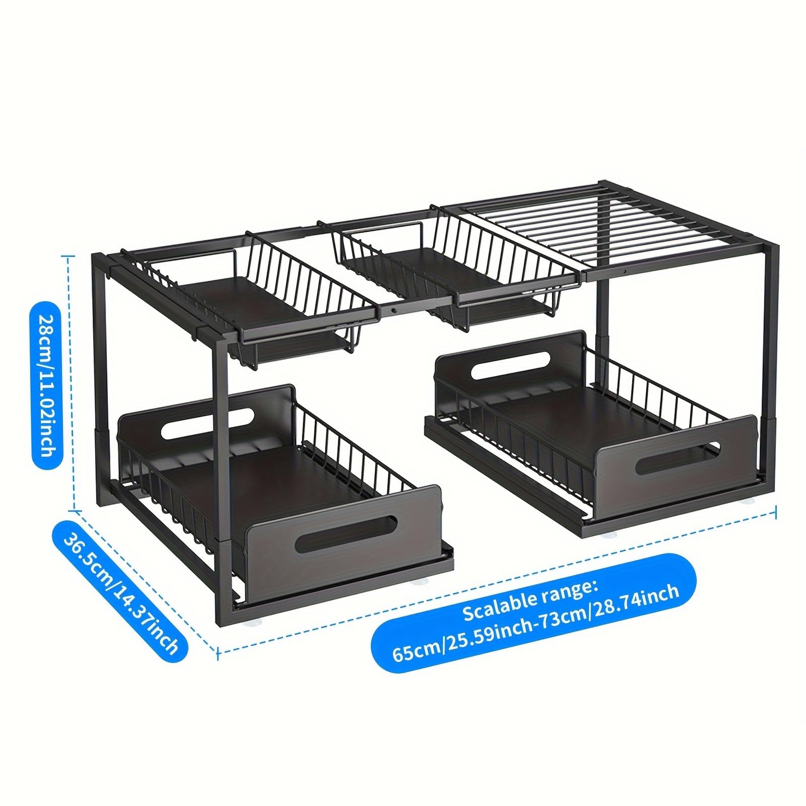 Organizer per mobiletto sottolavello a 2 ripiani, lunghezza regolabile, 65-73 cm, estensibile con 2 cassetti, in metallo, per cucina e bagno