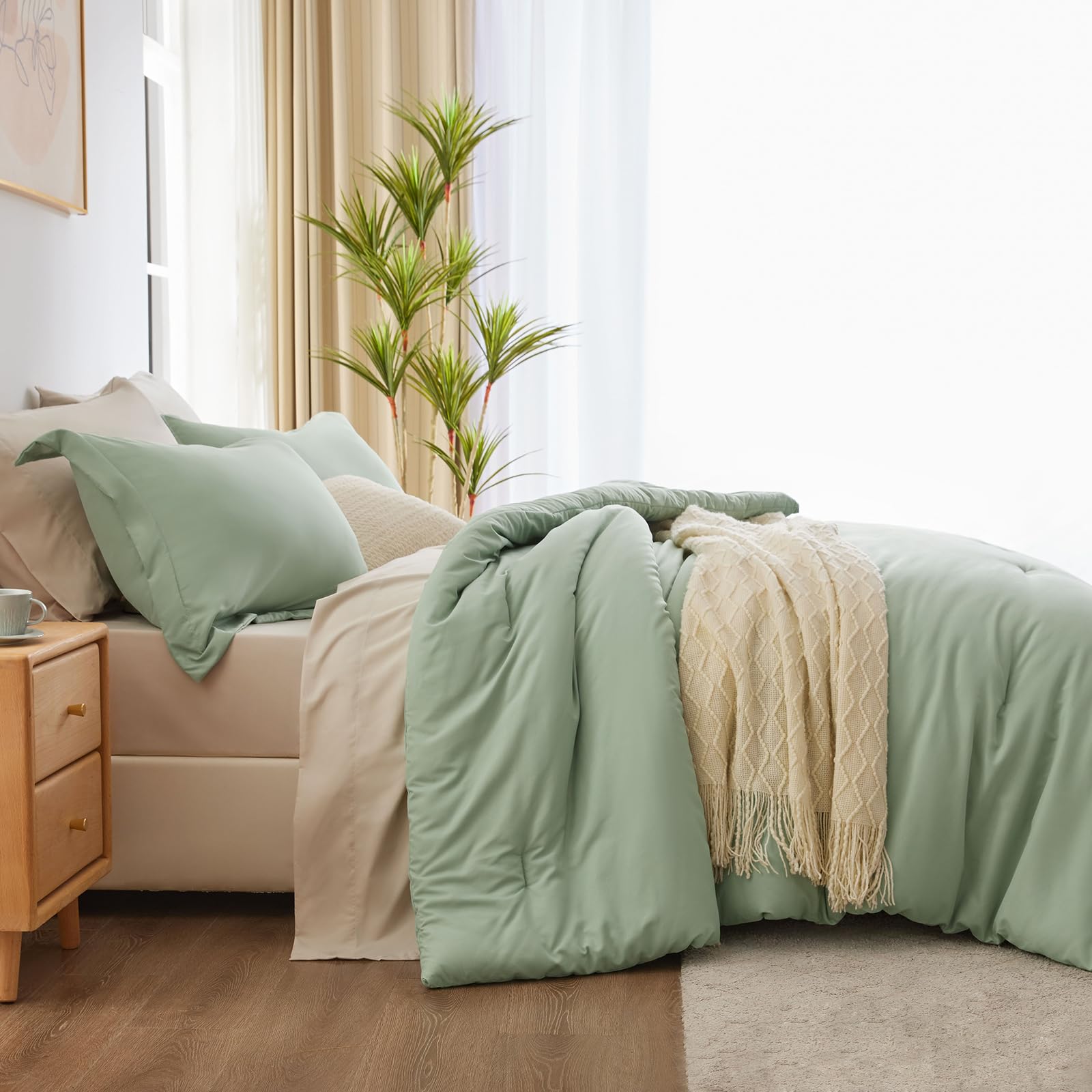 CozyLux Sage Green Comforter Set Queen 7 Pieces Queen Bedding Set Contrasting Design with Comforter, Flat Sheets, Fitted Sheet, Pillowcases & Shams, Boho Bed in a Bag Queen for All Season: Twin XL Sage Green
