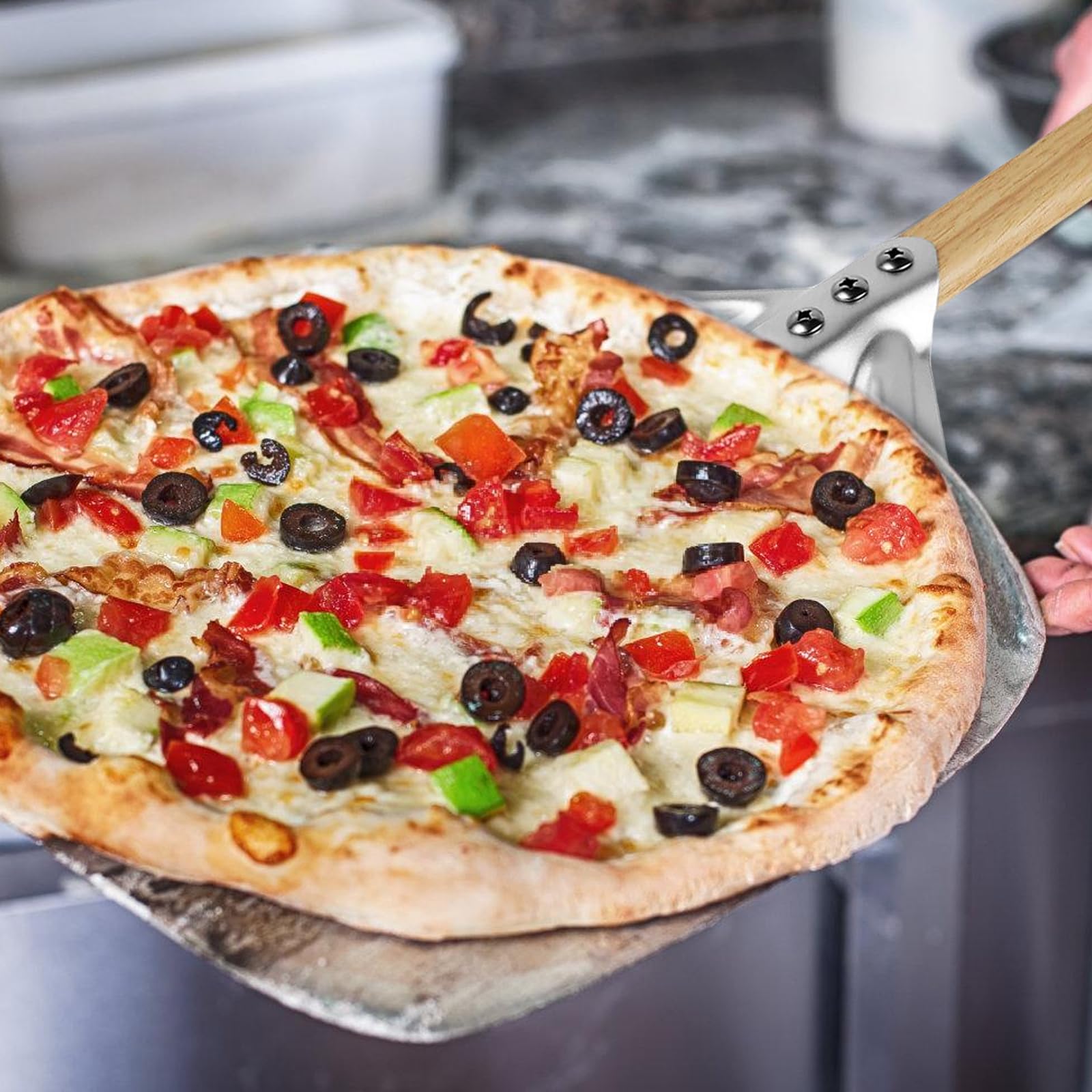 HOMURY Pala per pizza perforata con manico staccabile, 30,5 cm (12 pollici), alluminio anodizzato per pizza fatta in casa
