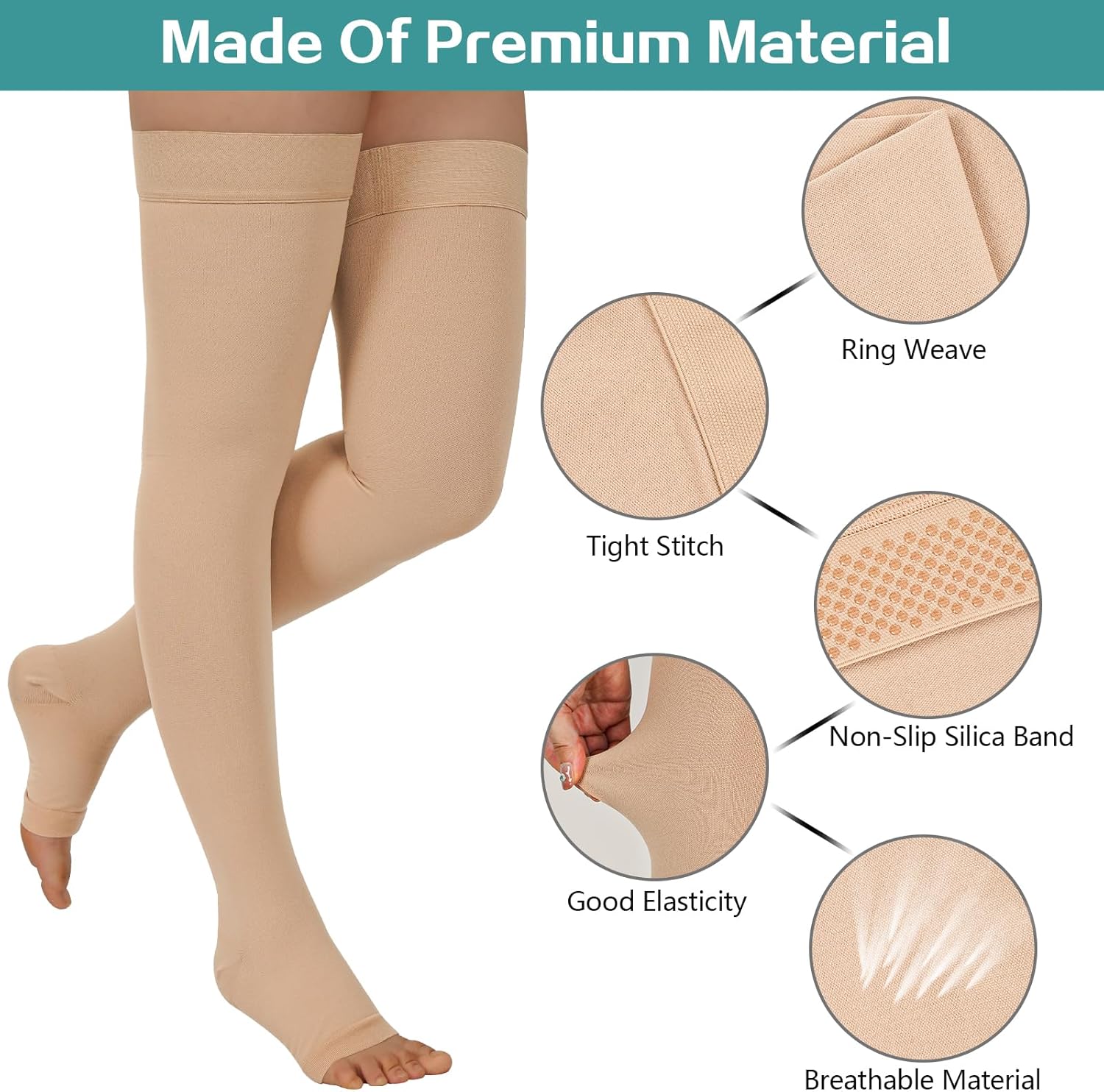 2 Pairs Compression Stockings for Women & Men, 20-30mmHg Thigh High Compression Socks, Open Toe Medical Compression Socks with Silicone Dot Band-Best Support for Nursing Sports Varicose Veins - Image 7