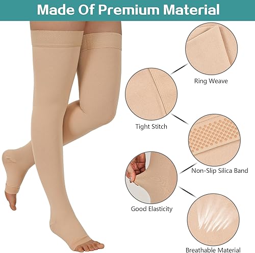 Miniatura 7 de 2 pares de medias de compresión para mujeres y hombres, calcetines de compresión de 20 a 30 mmHg, calcetines de compresión médica de punta abierta