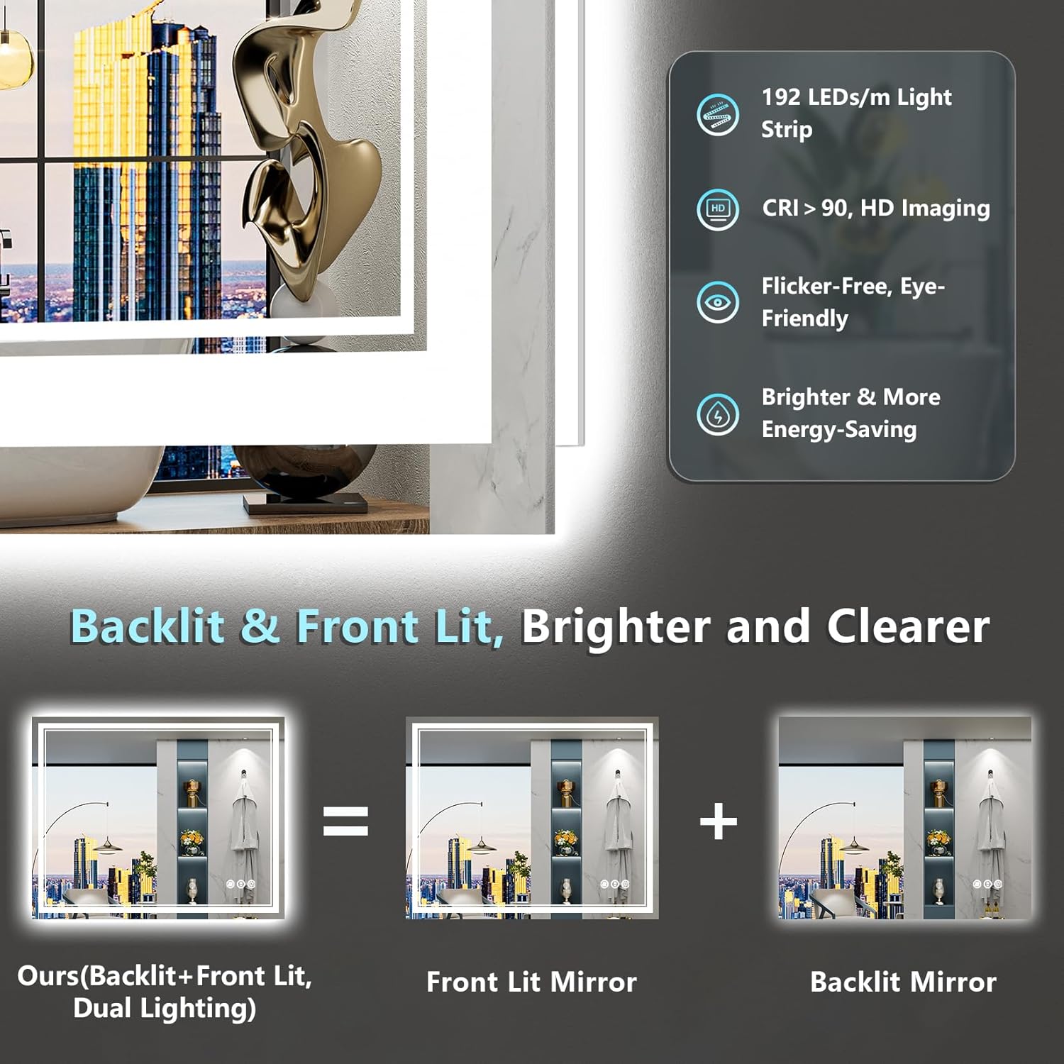 40x32 LED Bathroom Mirror with Lights, Backlit and Front Lit Anti-Fog Lighted Vanity Mirrors for Bathroom Wall, Dimmable, 3-Color Light, Memory, Shatter-Proof, HD Tempered Glass, CRI＞90