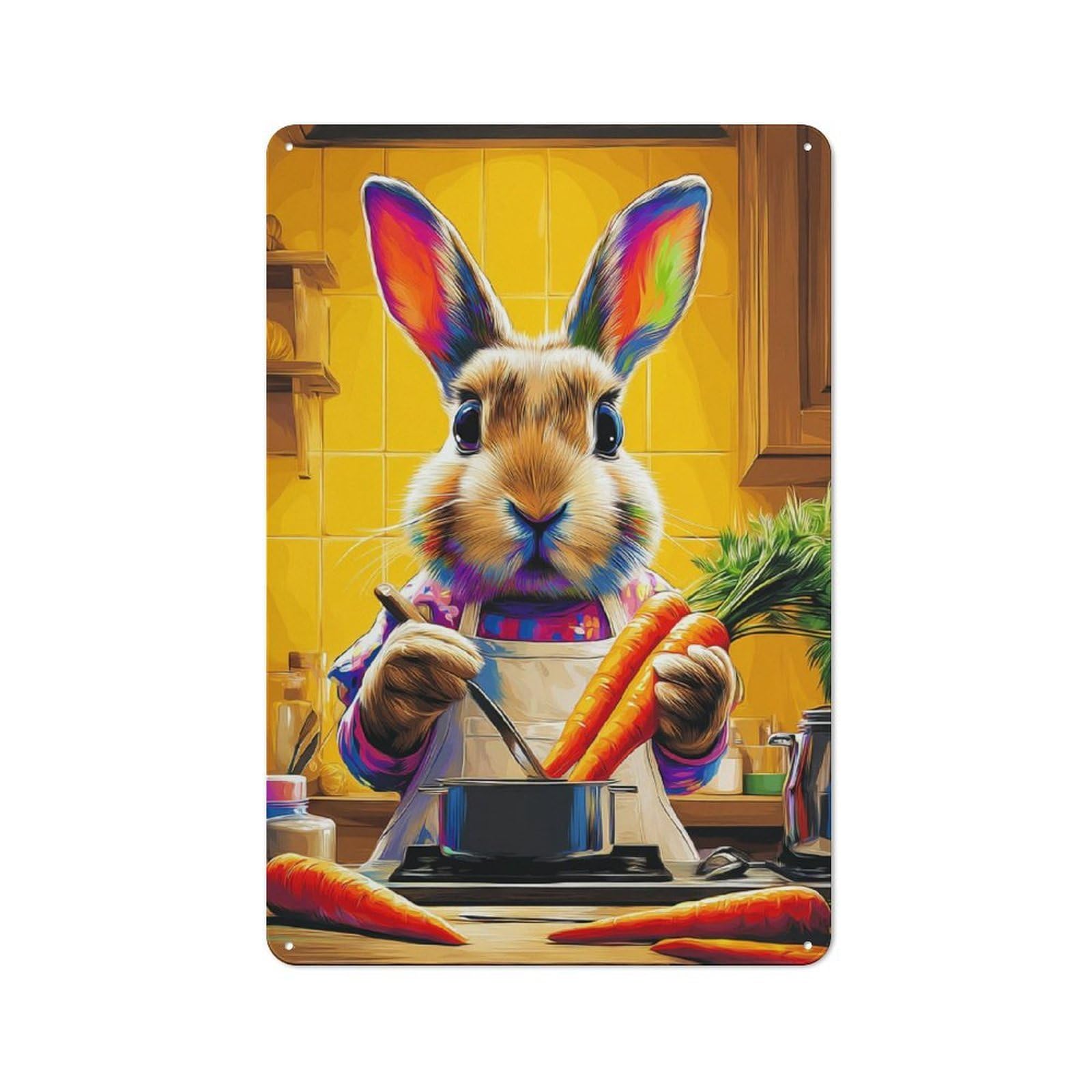 Brightly Colored Bunny Chef Cooking Metal Wall Sign 30x20cm, Modern Retro Loft Wall Plaque for Flat, Bar, Studio Or Gallery Wall