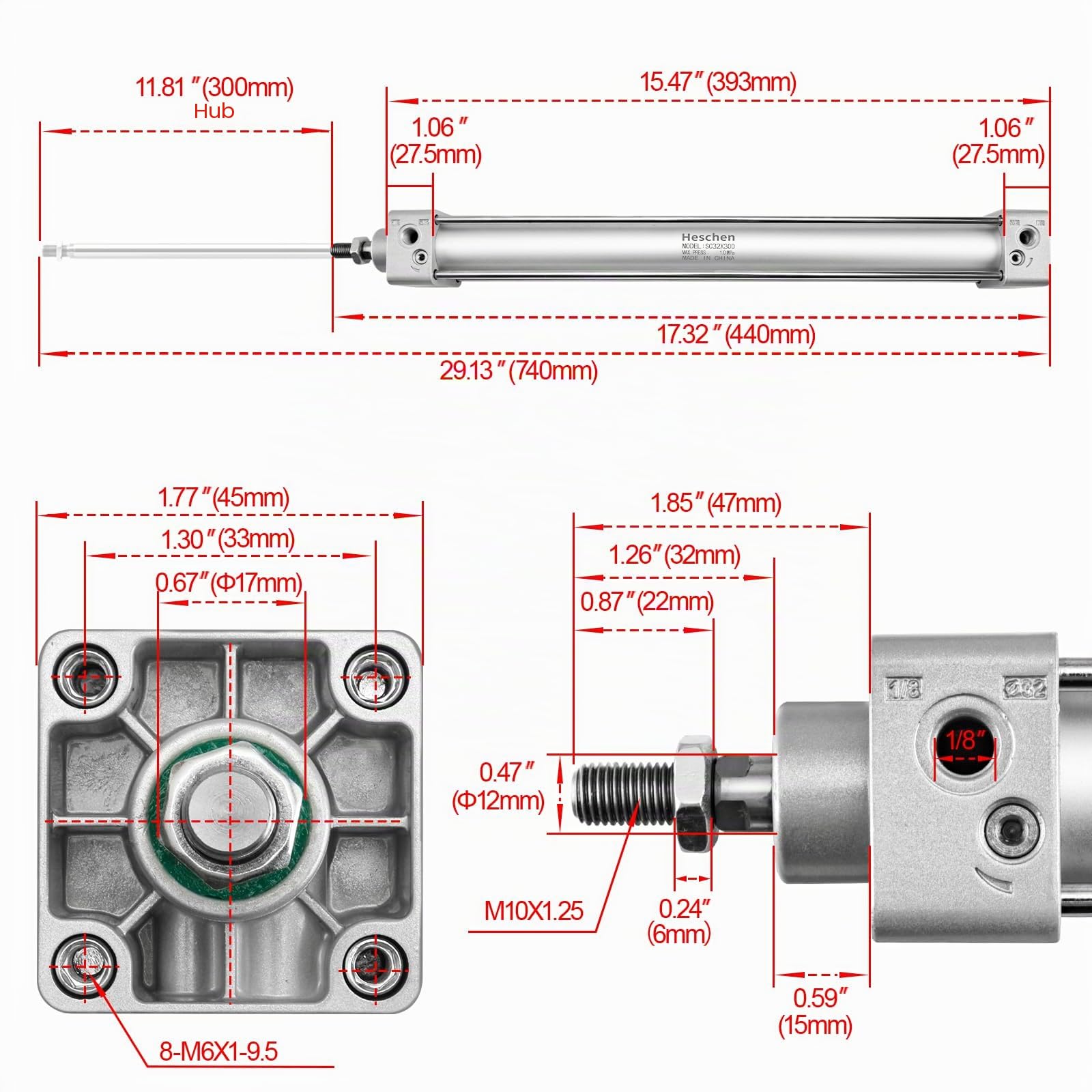 Heschen Pneumatischer Standard-Luftdruckzylinder, SC 32-300, PT1/8" Anschluss, 32mm Bohrung, 300mm Hub, Doppelt Wirkend
