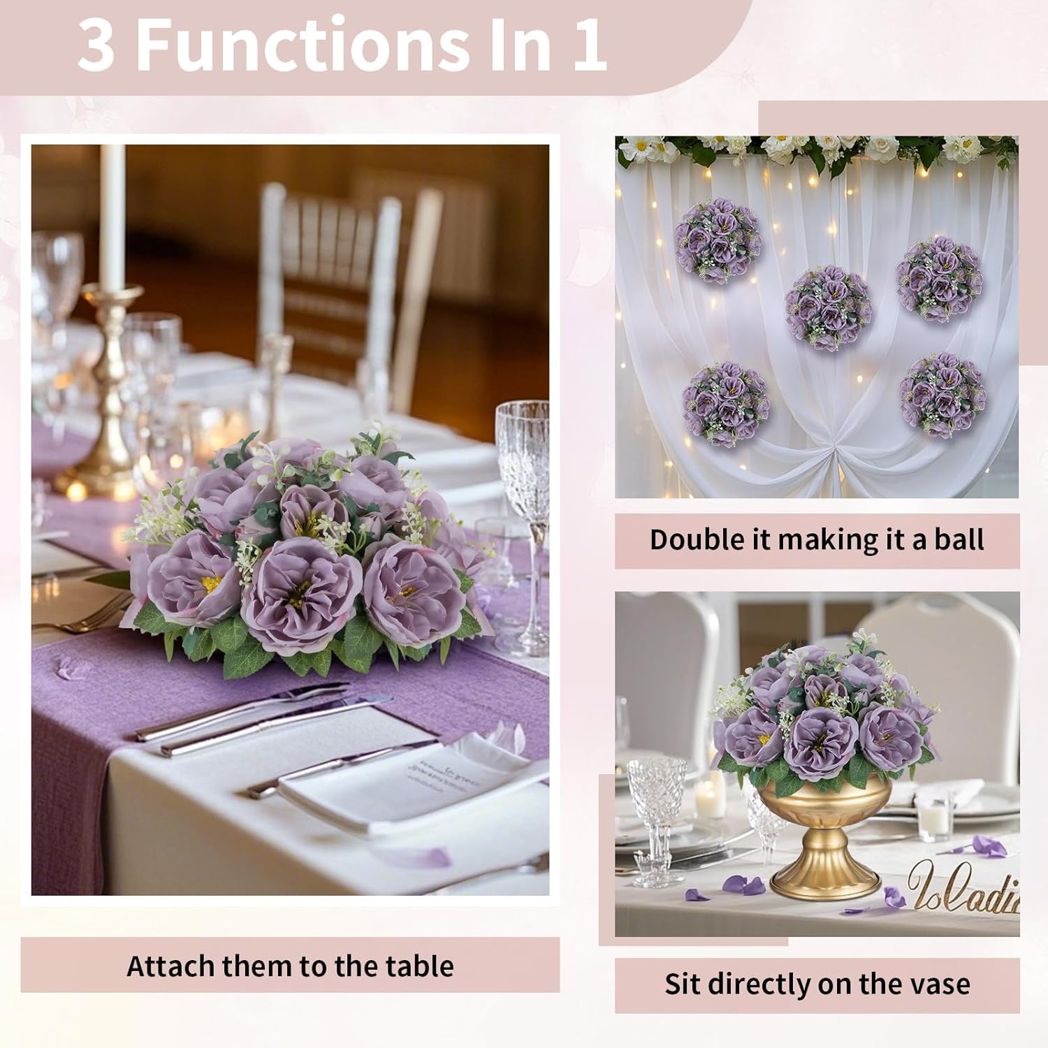NUPTIO Artificial Flowers Ball Centerpieces: 2 Pcs 9.8 Inch Diameter Fake Kissing Rose Floral Balls for Wedding Party Bridal Shower Valentine Home - Purple Bouquet Arrangement Decorations for Table - Image 5