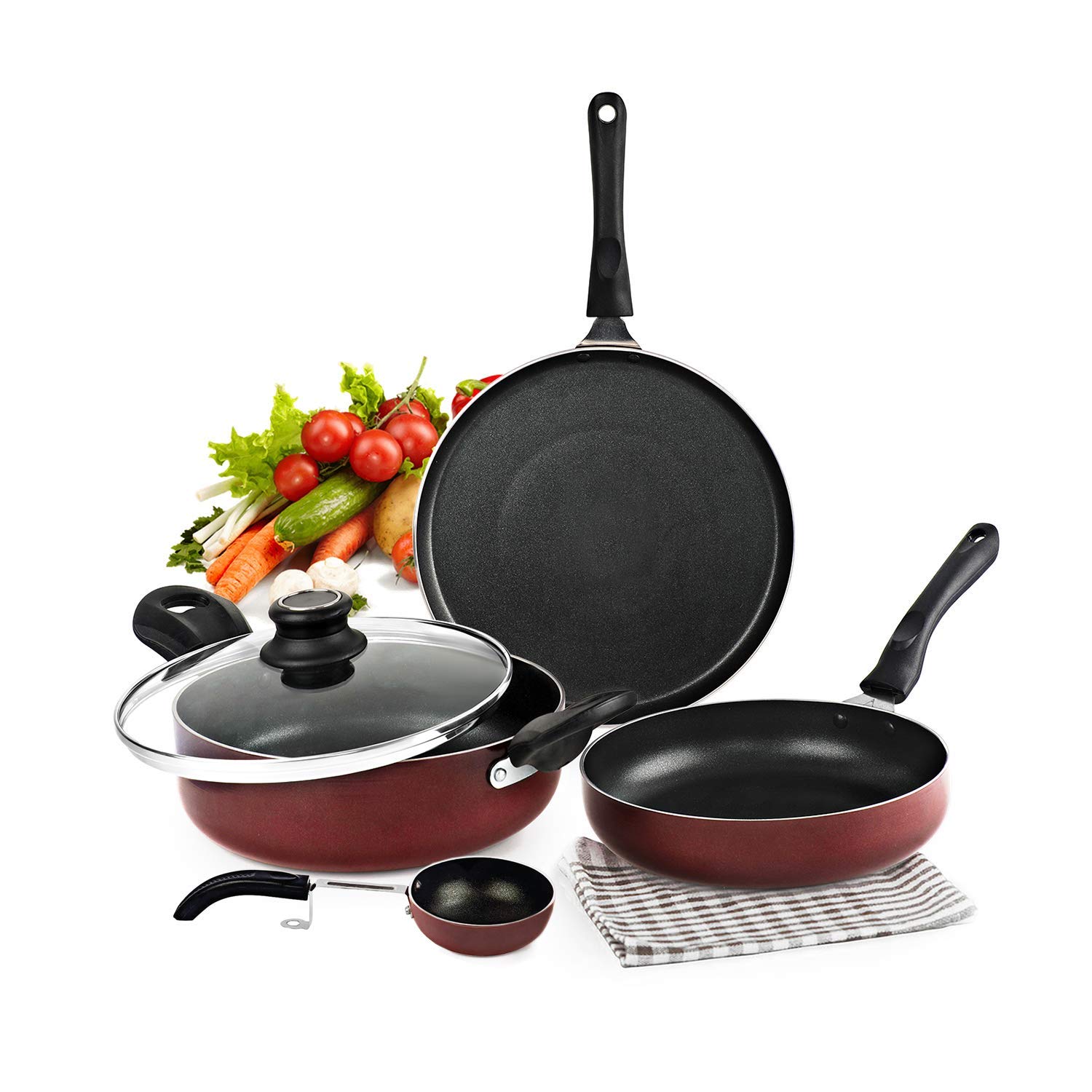 Cello Prima Non-Stick Aluminium Cookware Set of 4 Pcs for Kitchen, Cherry | Kadhai with Glass Lid 22CM, Fry Pan 22CM, Dosa Tawa 28CM & Tadka Pan, Gas Stove & Induction Base Utensils Set for Cooking 1