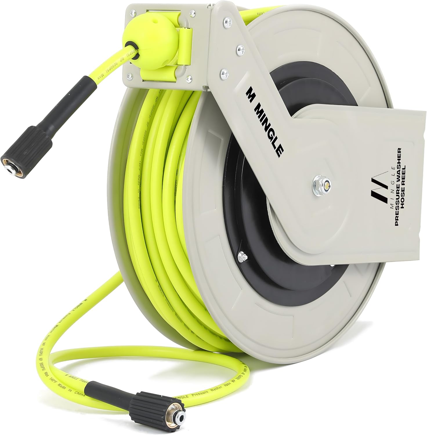 M MINGLE Retractable Pressure Washer Hose Reel, 1/4" × 60ft Power Washer Hose Reel, Auto Rewind Hose Reel, Wall/Floor Mounted, 3600 PSI