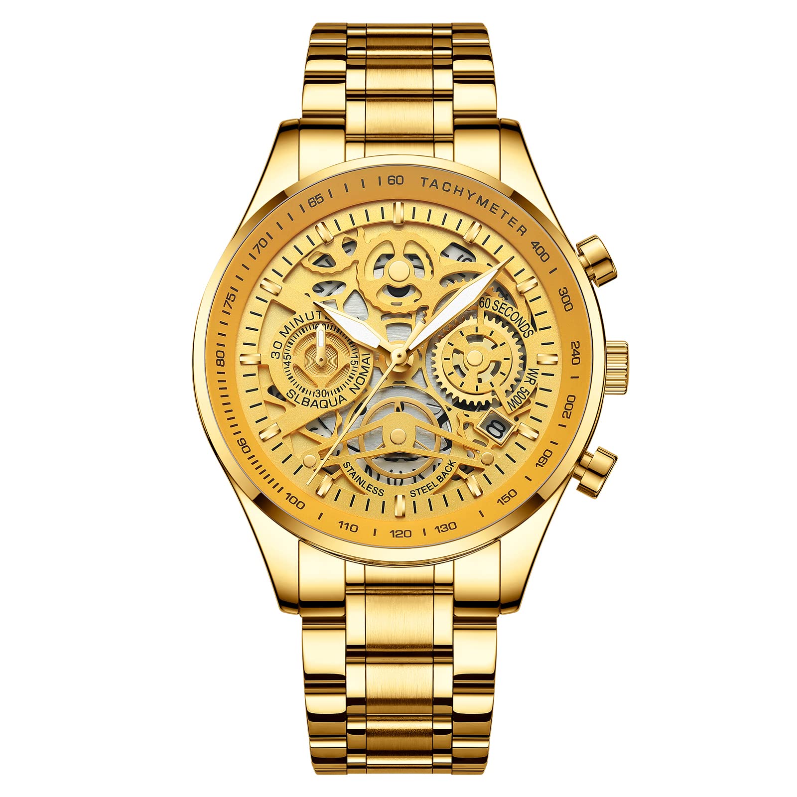 NIBOSI Men's Watch Analog Chronograph Military Wrist Watches Business Waterproof Quartz Gold Stainless Steel Dress Watches for Men Calendar