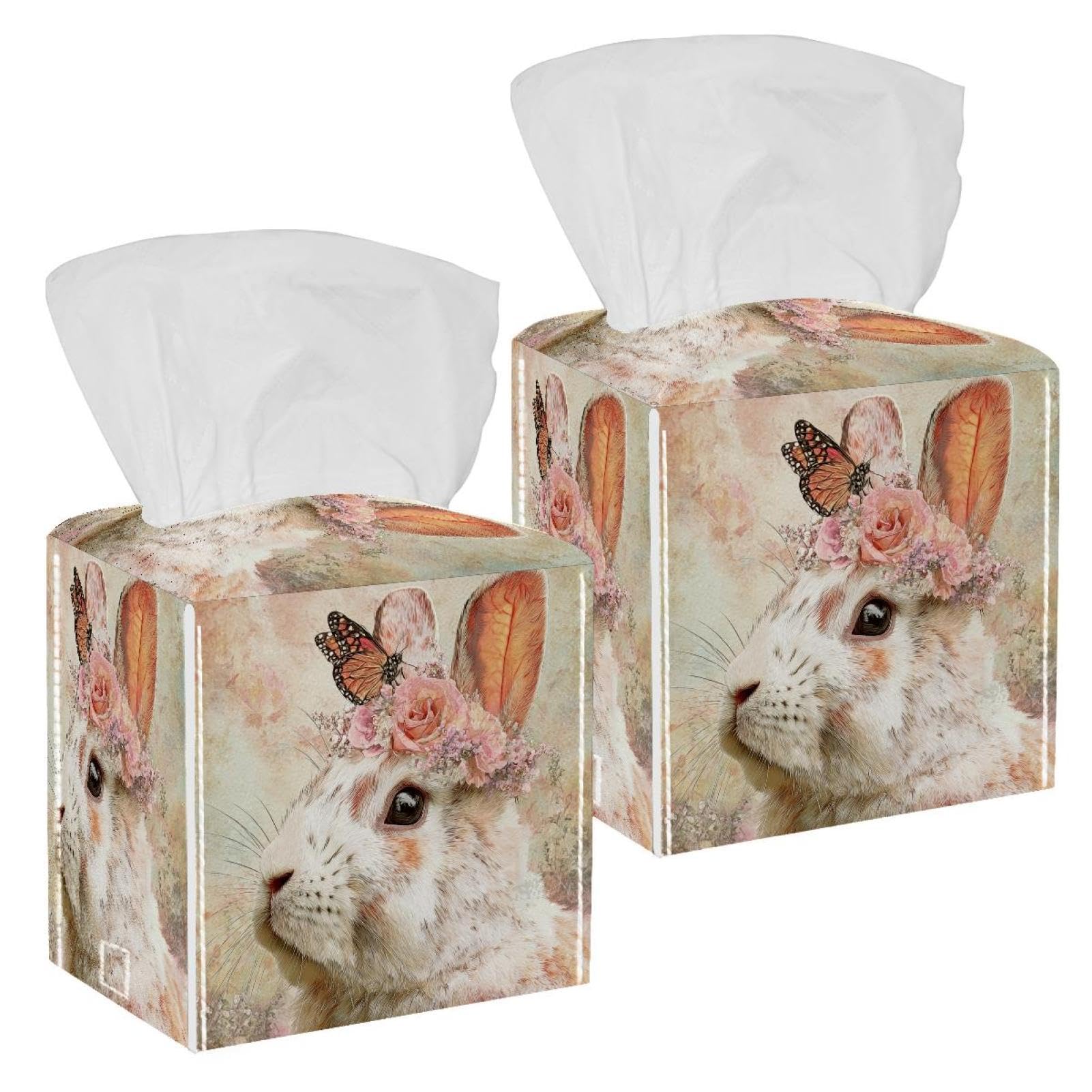 Rabbit and Butterfly Tissue Box Cover, 2 Pack PU Leather Square Facial Tissue Dispenser Box holder for Home Office Car
