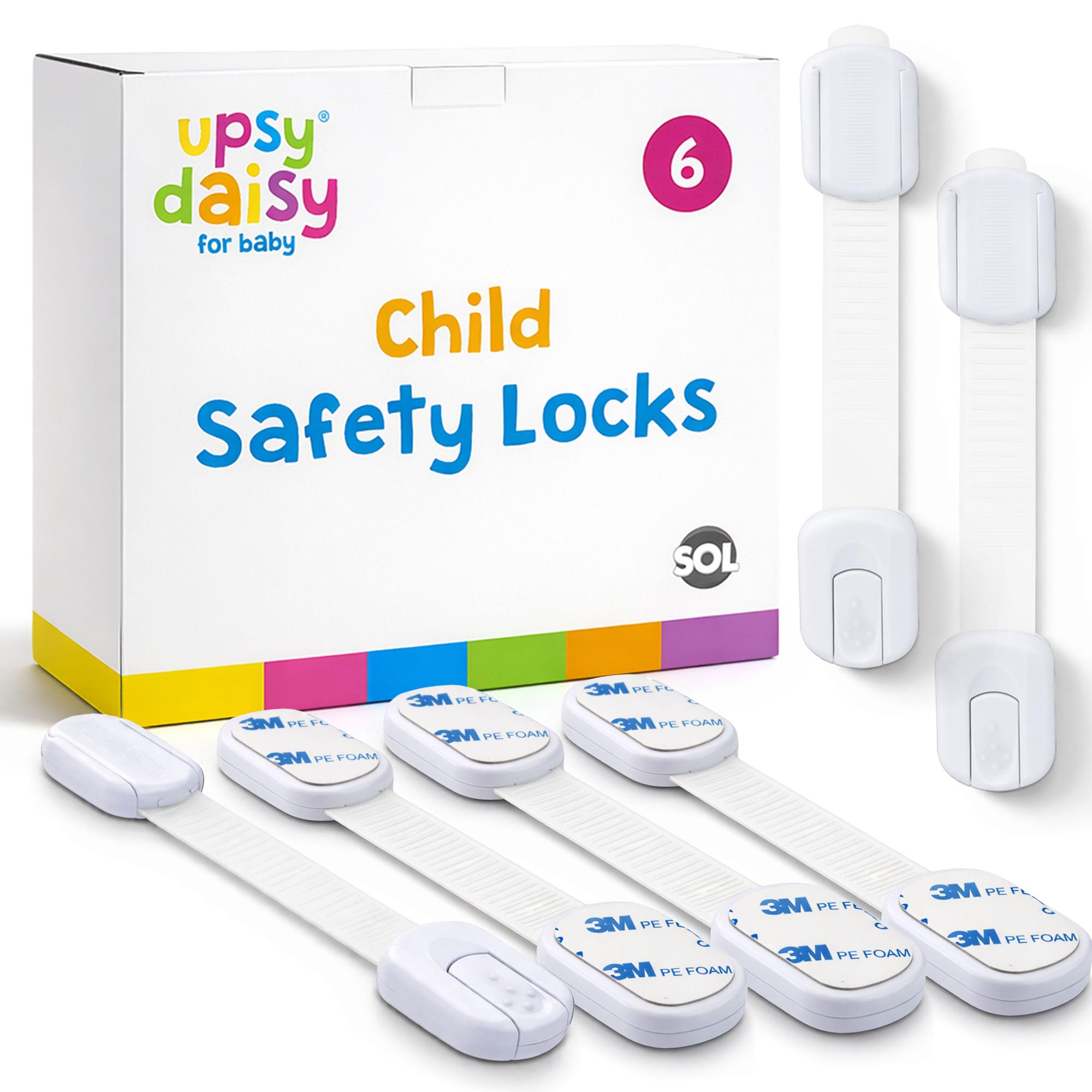 SOL 6pk Child Safety Lock for Cupboards and Drawers Baby Proofing Adjustable Adhesive Latches for Kitchen Cabinets Fridge and Appliances Easy to Install Protection Straps