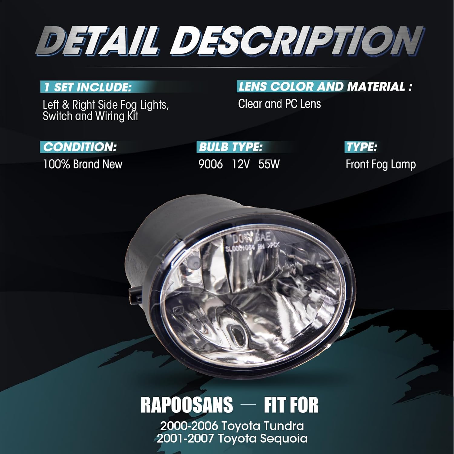 Driving Fog Lights Lamps Assembly for 2000-2006 Toyota Tundra(Not fit steel front bumper models), 2001-2007 Toyota Sequoia Fog Light Replacement with 9006 Bulbs & Switch and Wiring Kit