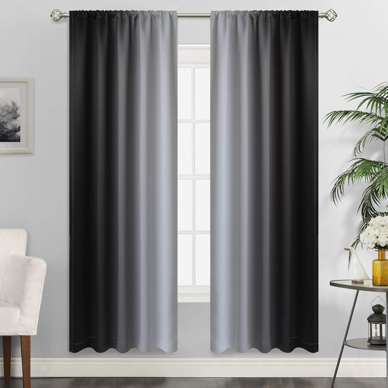 SimpleHome Ombre Room Darkening Curtains for Living Room, Rod Pocket Light Blocking Gradient Black to Greyish White Thermal Insulated Window Curtains Drapes for Bedroom, 2 Panels, 52x72 inches Length