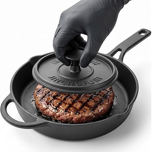 Cast Iron Skillets Set with Burger Press, 10.25 inches Pre-Seasoned Frying Pan & 8 Inch Grooved Smash Burger Press, Heavy Duty Cast Iron Grill Press for Bacon