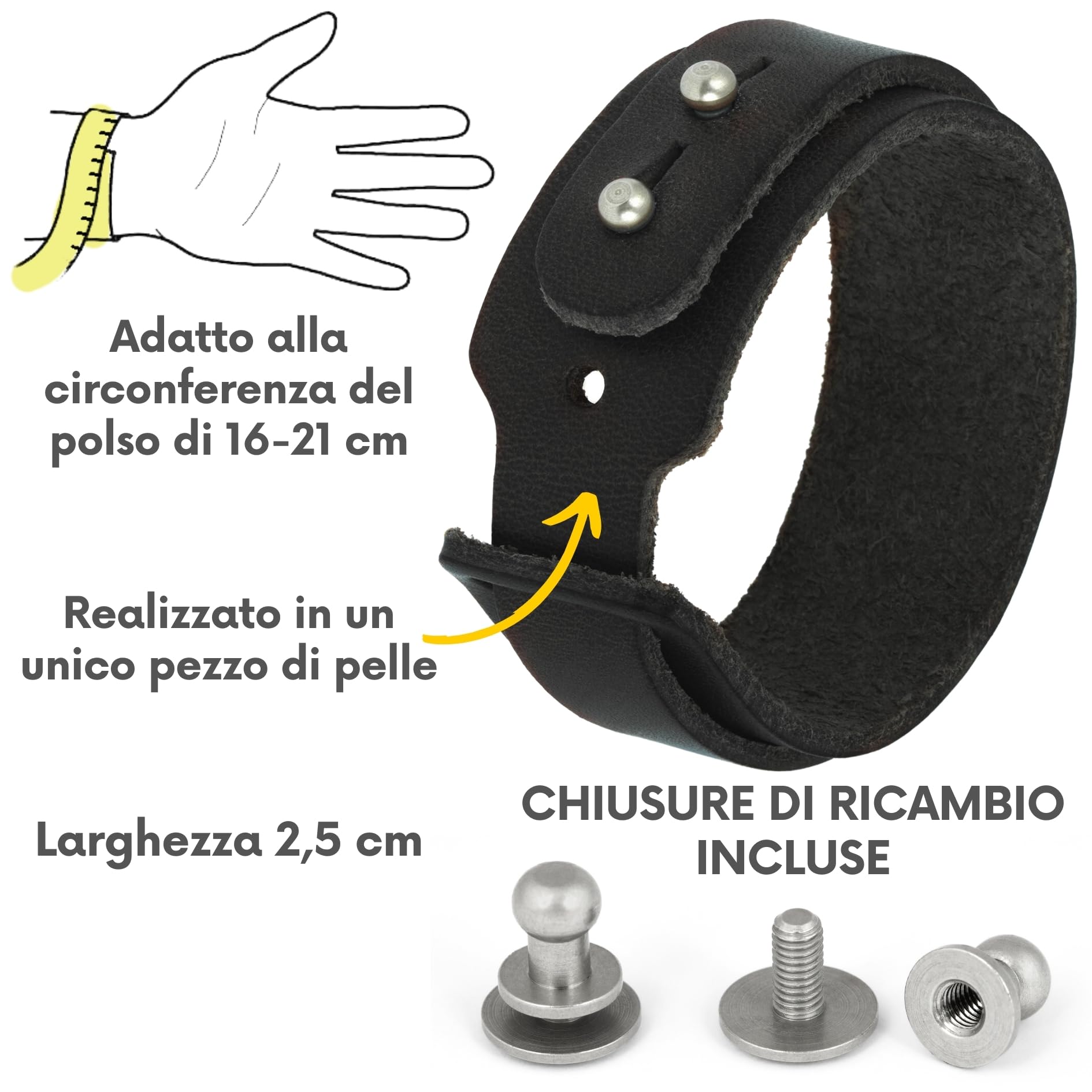 Simaru Bracciale in Vera Pelle 25 mm - Unisex - Conciato Vegetale - Borchie a Vite Resistenti - Anallergico