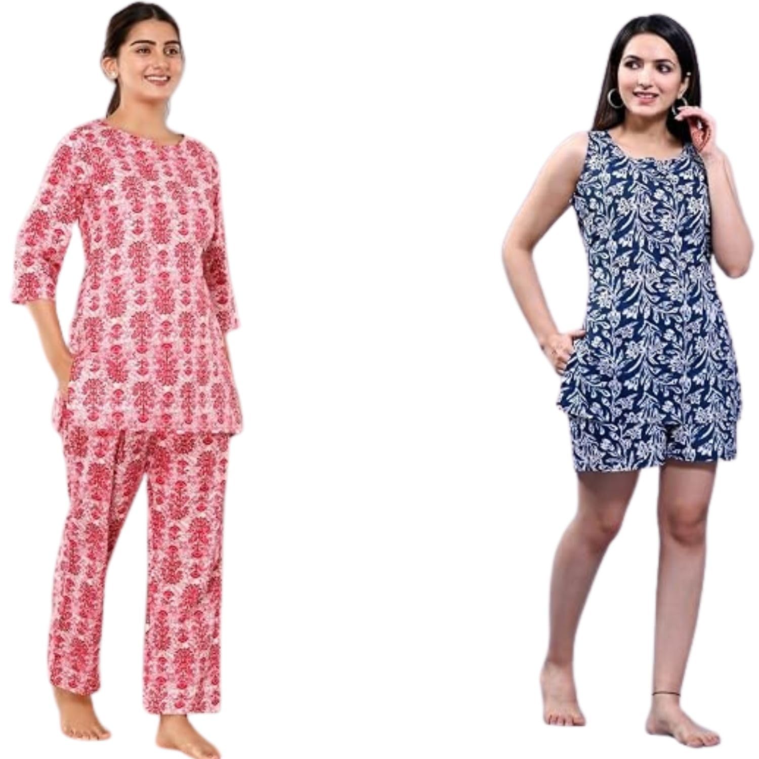 Women Printed 02 Topwear (1 Sleeveless top and one is 3/4 Sleeve) and 02 (1 Payjama or 01 Short) Bottom wear Cotton KCC141 Pink or Purple 4 Night Suit Set-image-38
