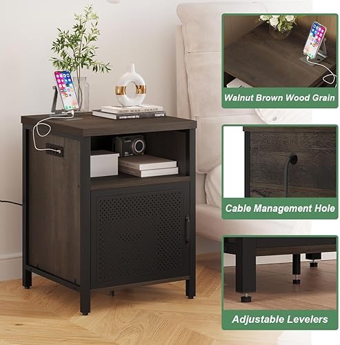 Miniatura 6 de FATORRI Mesa auxiliar con almacenamiento, mesa auxiliar rústica para sala de estar, mesitas de noche estrechas de madera y metal con puerta (marrón