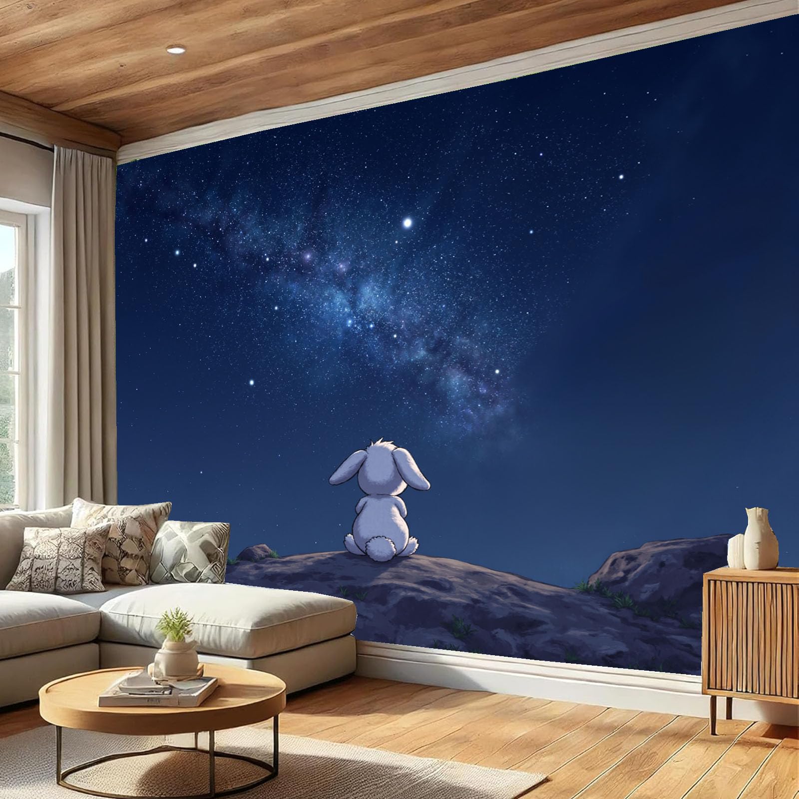 Papier Peint Panoramique Bleu Foncé Lapin Ciel Étoilé Intissé 300x210 cm