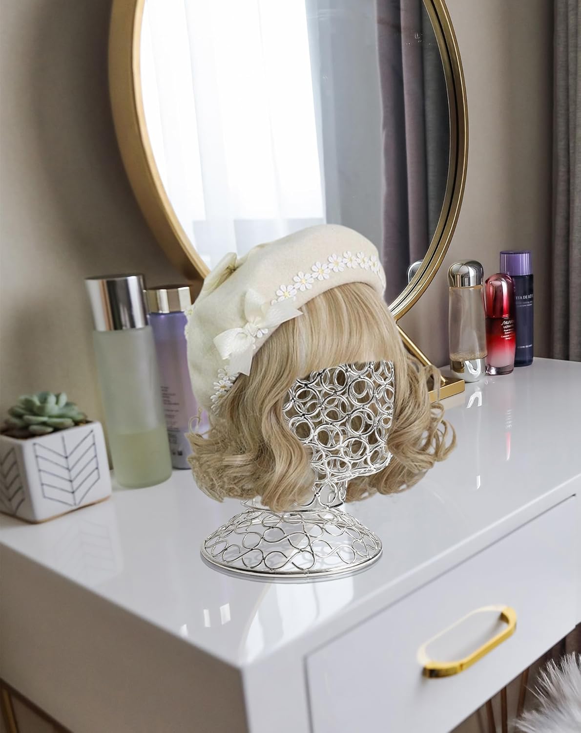 CHADWICK Wig Head Stand Metal Hollow Mannequin Head Hat Display Stand Wig Holder, Wig Display Model Head Wig Stand for Wigs, Hats, Caps, Headdress, Headphones, Dome + Detachable Stand, Chrome Silver