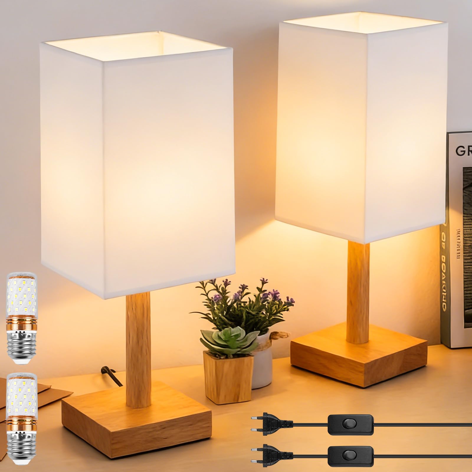 Lot de 2 lampes de chevet design rétro, lampes de chevet, 3 niveaux de luminosité réglables, blanc chaud, abat-jour en lin, lampe de table pour chambre et salon, gris