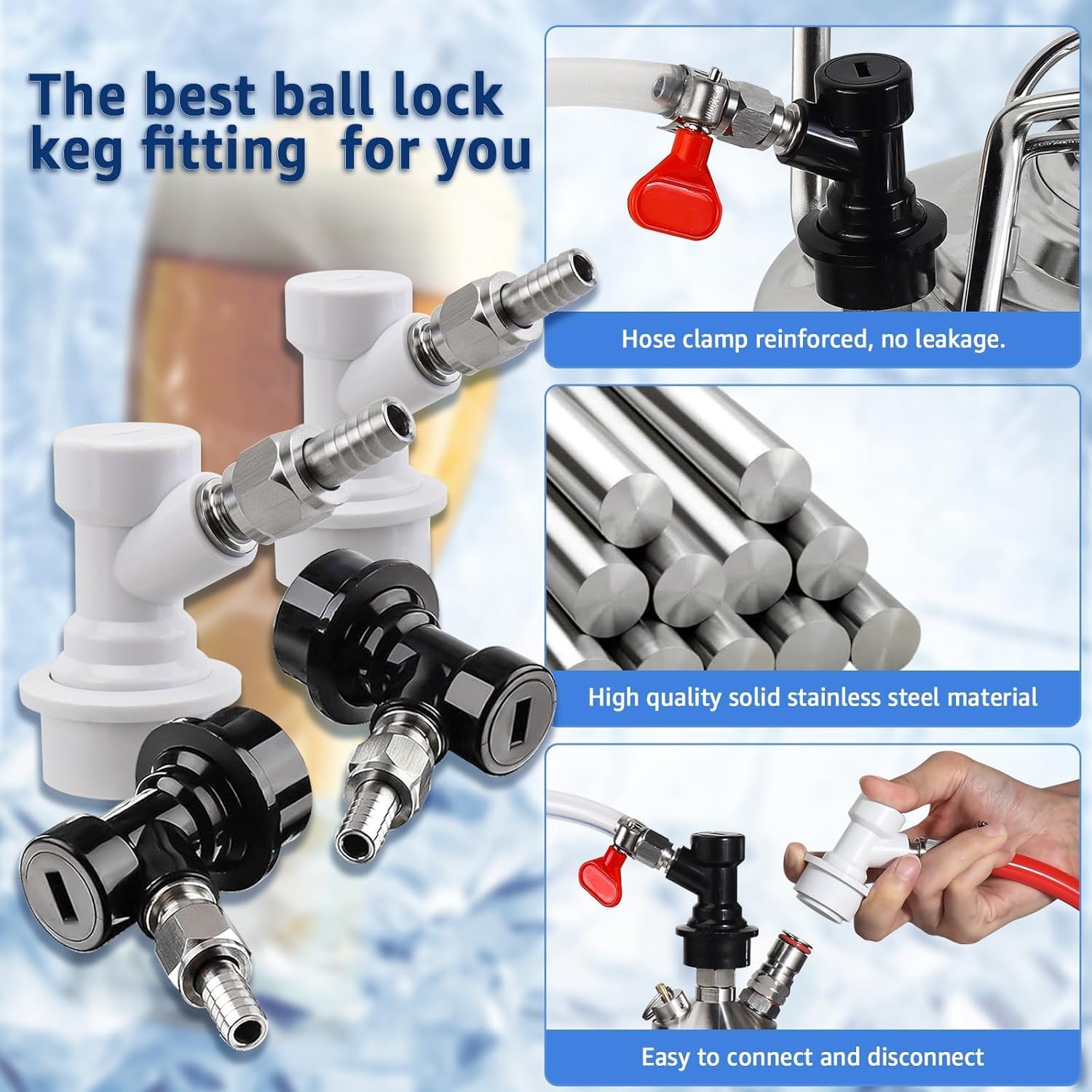 5 Pairs Ball Lock Keg Fittings Beer Corny Keg Connectors with Stainless Steel 5/16" Gas & 1/4" Liquid Barbs and MFL Thread Swivel Nuts for Homebrew with 10 PCS Hose Clamps