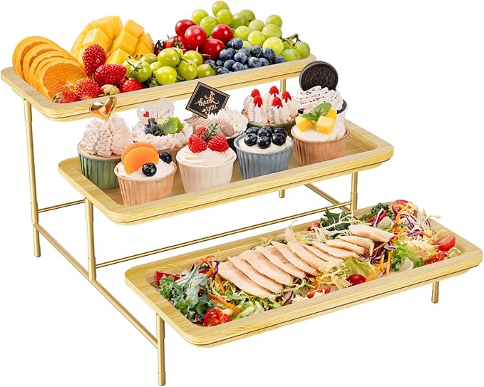 Lifewit 3 Tier Bamboo Serving Tray for Party Supplies, 14" x 6.5" Platters for Serving Food, Reusable Trays with Gold Metal Display Stand for Veggie, Fruit, Cookies, Dessert