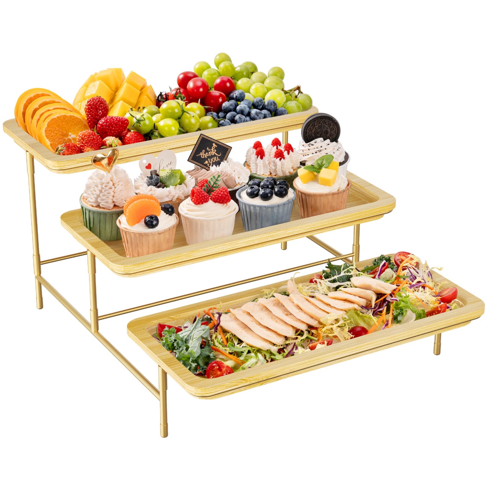 Lifewit 3 poziomy, bambusowy półka, 36 x 17 cm, taca do serwowania ze złotym metalowym stojakiem na akcesoria imprezowe, akcesoria bufetowe, duże stojaki wielokrotnego użytku, stojak na