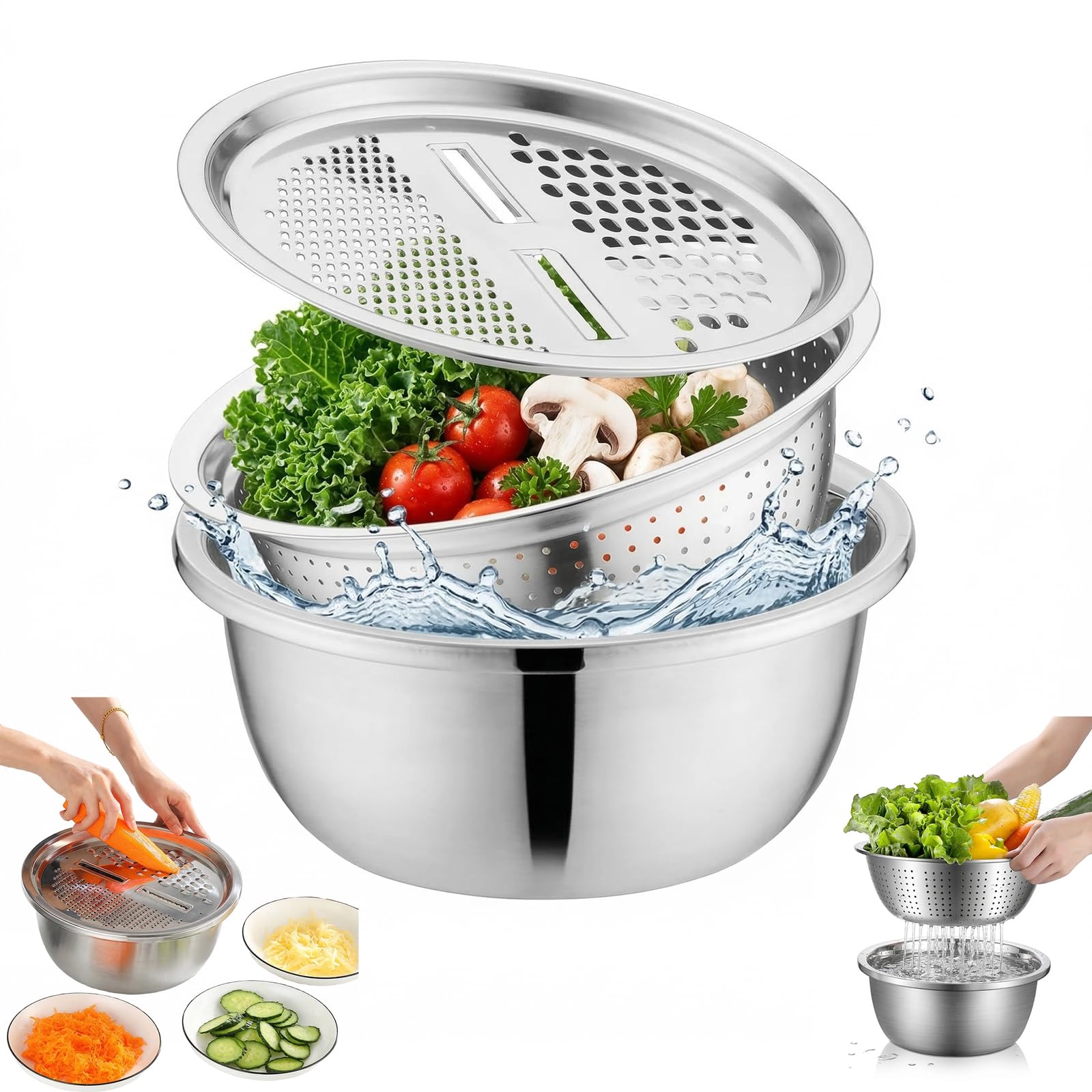 Multifunctional Stainless Steel Basin, Scolapasta in Acciaio Inox con Ciotola e Grattugia, Ciotola per Riso, per Insalata, Frutta, Riso, Pasta, Preparazione Metallic,26CM/10IN