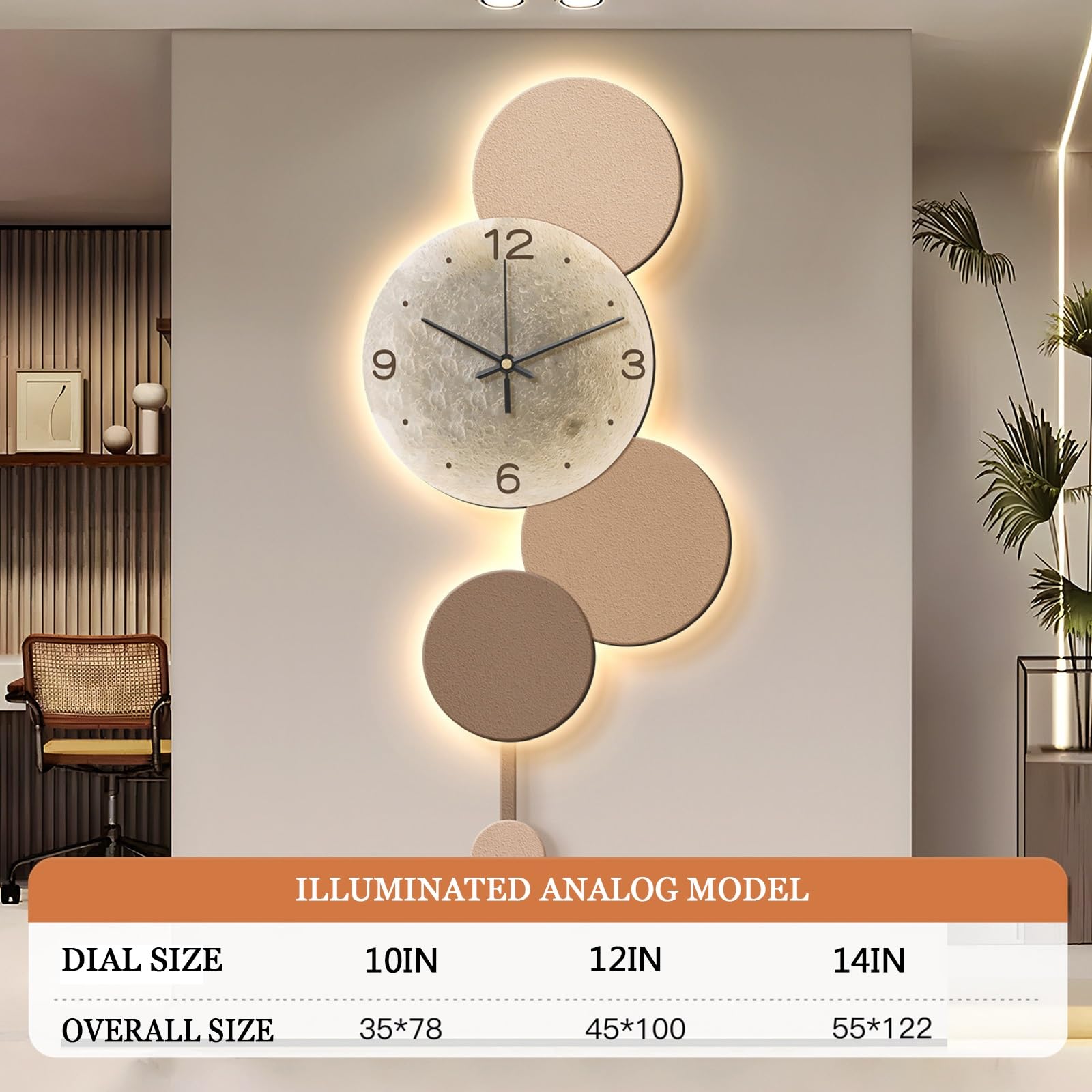 Orologio LED parete 3D luce arte muro silenzioso decor sospeso design interno casa moderna paesaggio scultura soggiorno camera studio ingresso corridoio elegante(Pointer Clock B,35 * 78cm)