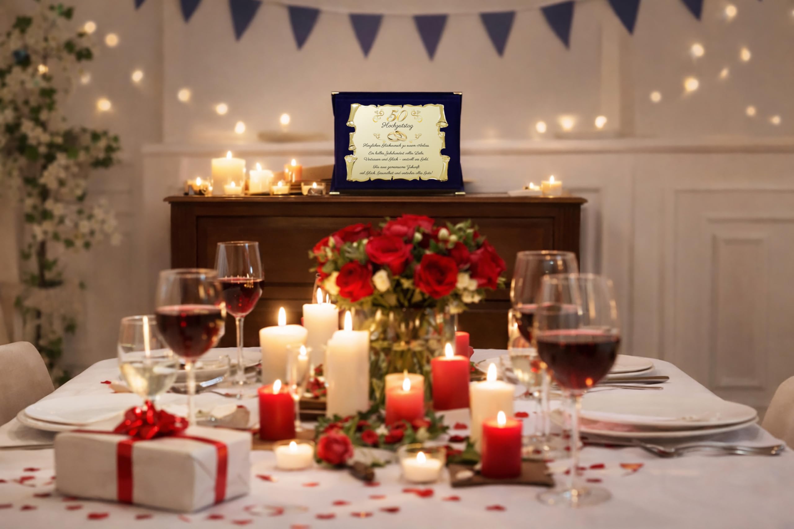 50e anniversaire de mariage - Noces d'or pour parents, grands-parents et amis - Élégant tableau parchemin doré avec boîte en velours - Idée cadeau spéciale pour anniversaire de mariage (bleu, 50 ans)