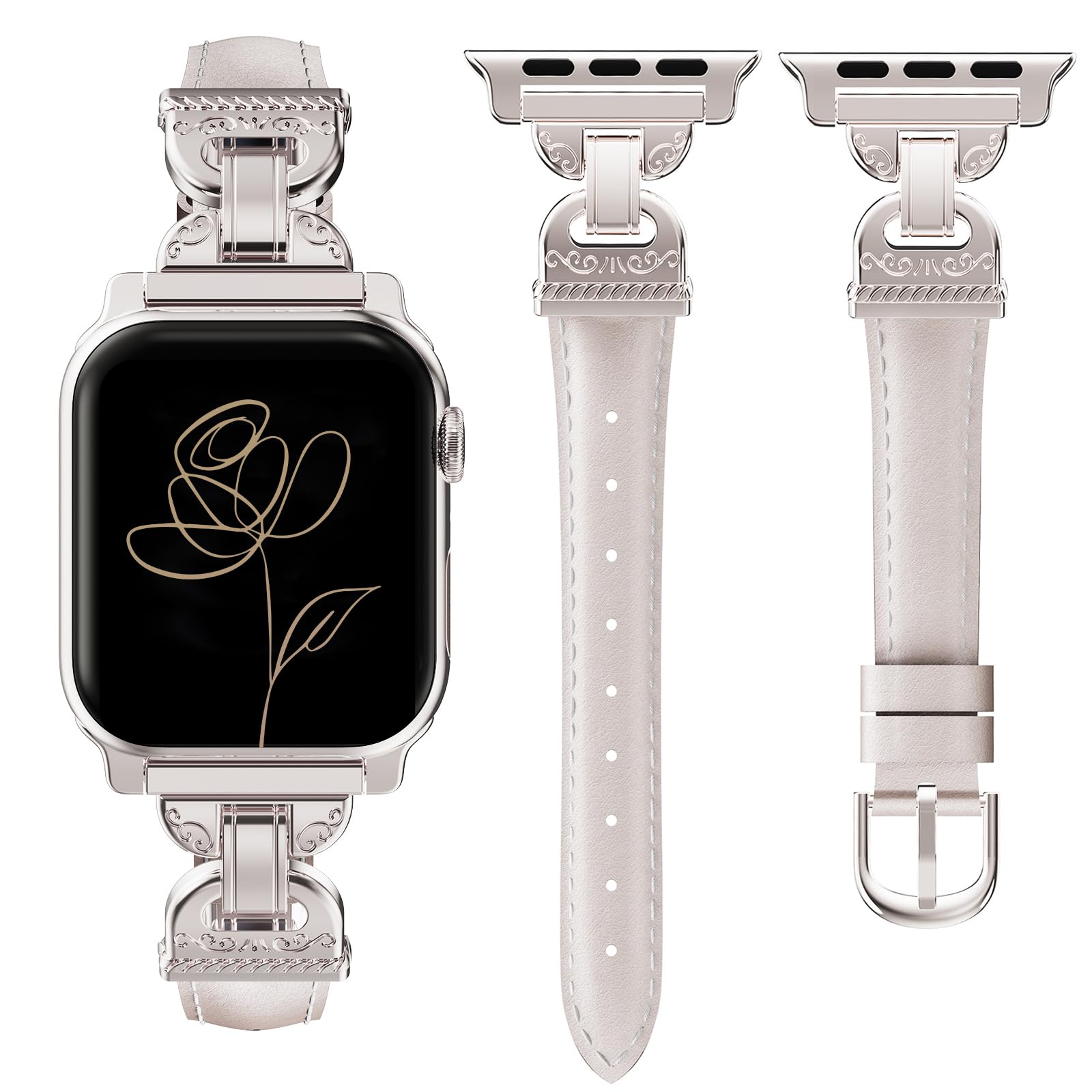 Vipluck Slim Leather Band Compatible with Apple Watch Bands Women 38/40/41/42mm Dressy Slim Leather Strap with Designer Interlock Buckle Bracelet for