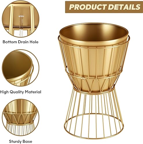 Miniatura 3 de Maceta con soporte, maceta de metal dorado con soporte, macetas modernas únicas de 12 pulgadas para interiores con soporte dorado con drenaje,