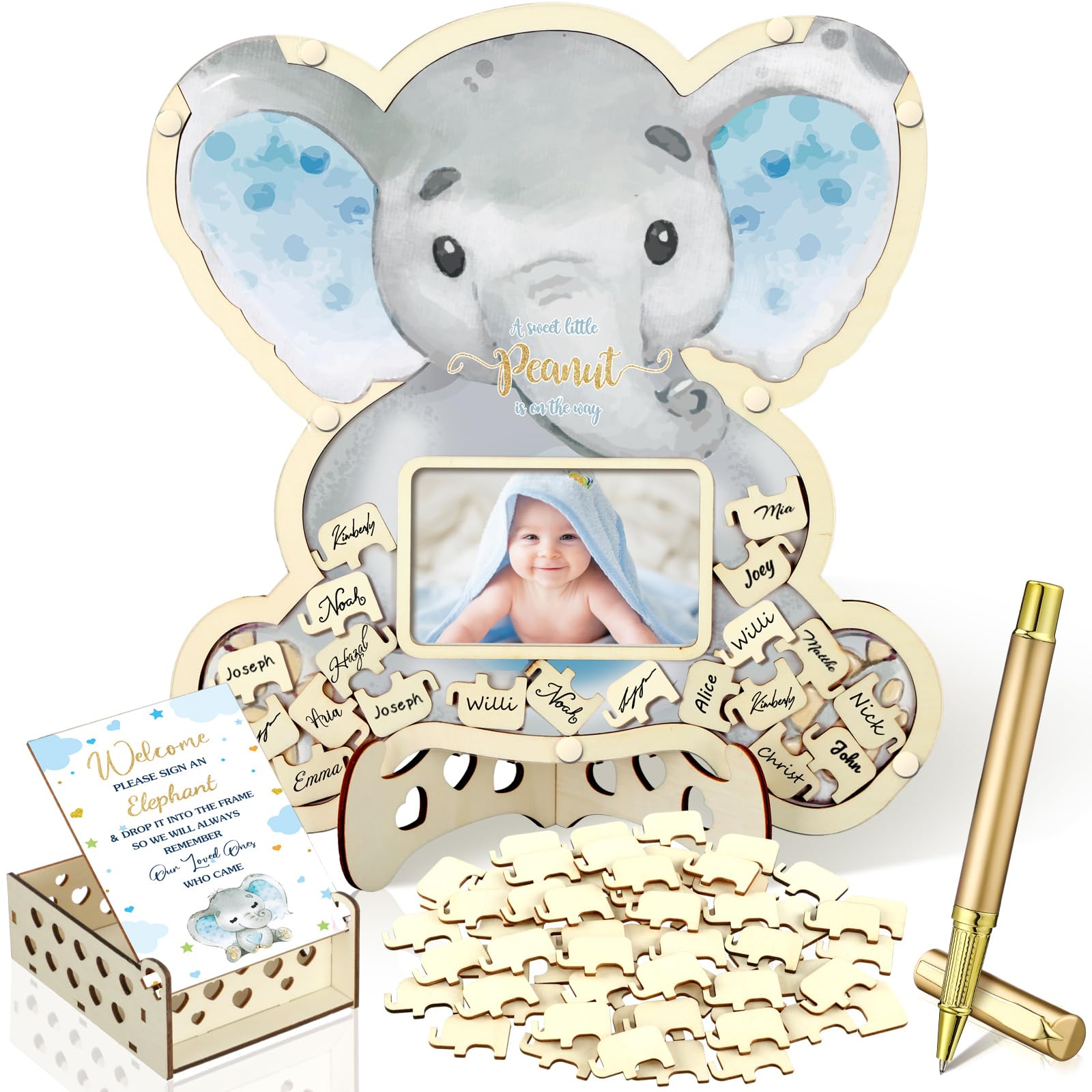 63 Pcs Elephant Baby Shower Guest Book Alternatives Set Baby Shower Decorations with Photo Frame Sonogram Frame Keepsake 60 Wood Slices Guest Book for Birthday
