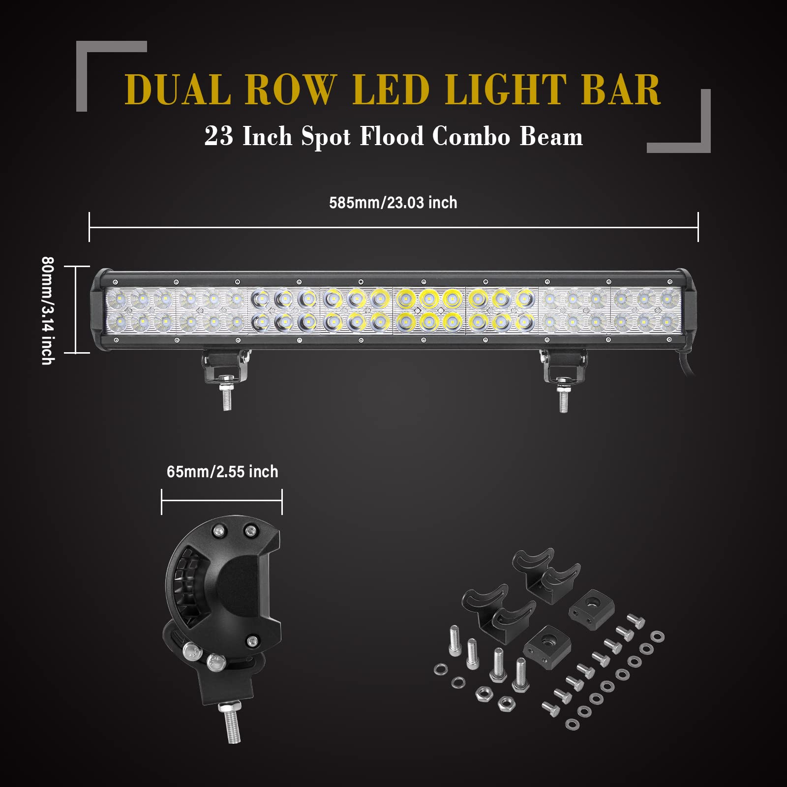 RIGIDON Barra LED Fuoristrada 59cm 144W con Piastra di Supporto y Cablaggio | 23 Pollici Staffa Targa Bull Bar Paraurti Anteriore per Auto Offroad Camion SUV UTE 4x4 Veicoli, 6000K Faretti Fendinebbia