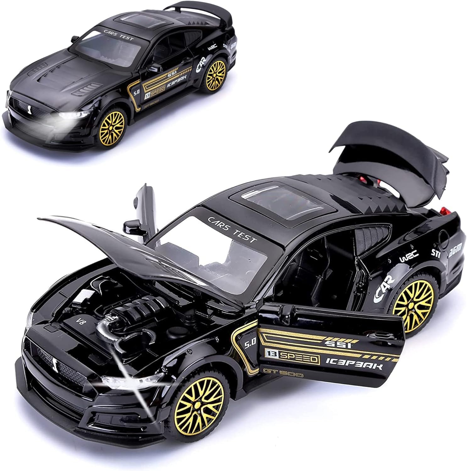 YALLABUYIT GT-500 Mustang Diecast Alloy Model 1:32 Toy Car with Sound & Light Pull Back Vehicle Toy Four Open Door Phantom Car for Kids Adults (Black)