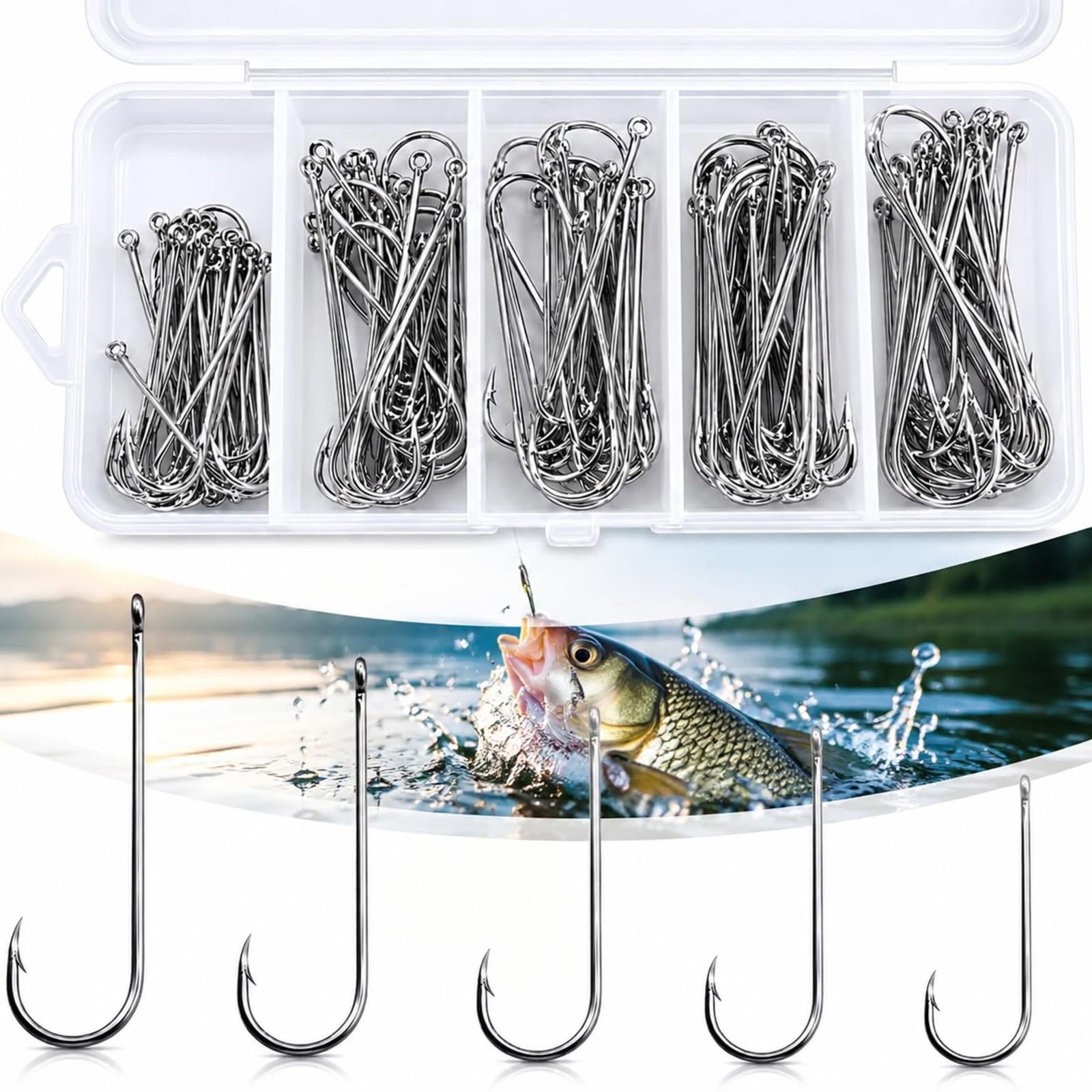 100pcs Aberdeen Sea Fishing Hooks, Large Barbed Long Shank Wide Gape Hooks, High Carbon Steel Light Fishing Hooks, Sizes 1#, 1/0, 2/0, 3/0 (60 Pcs Mixed), for Sea Fishing