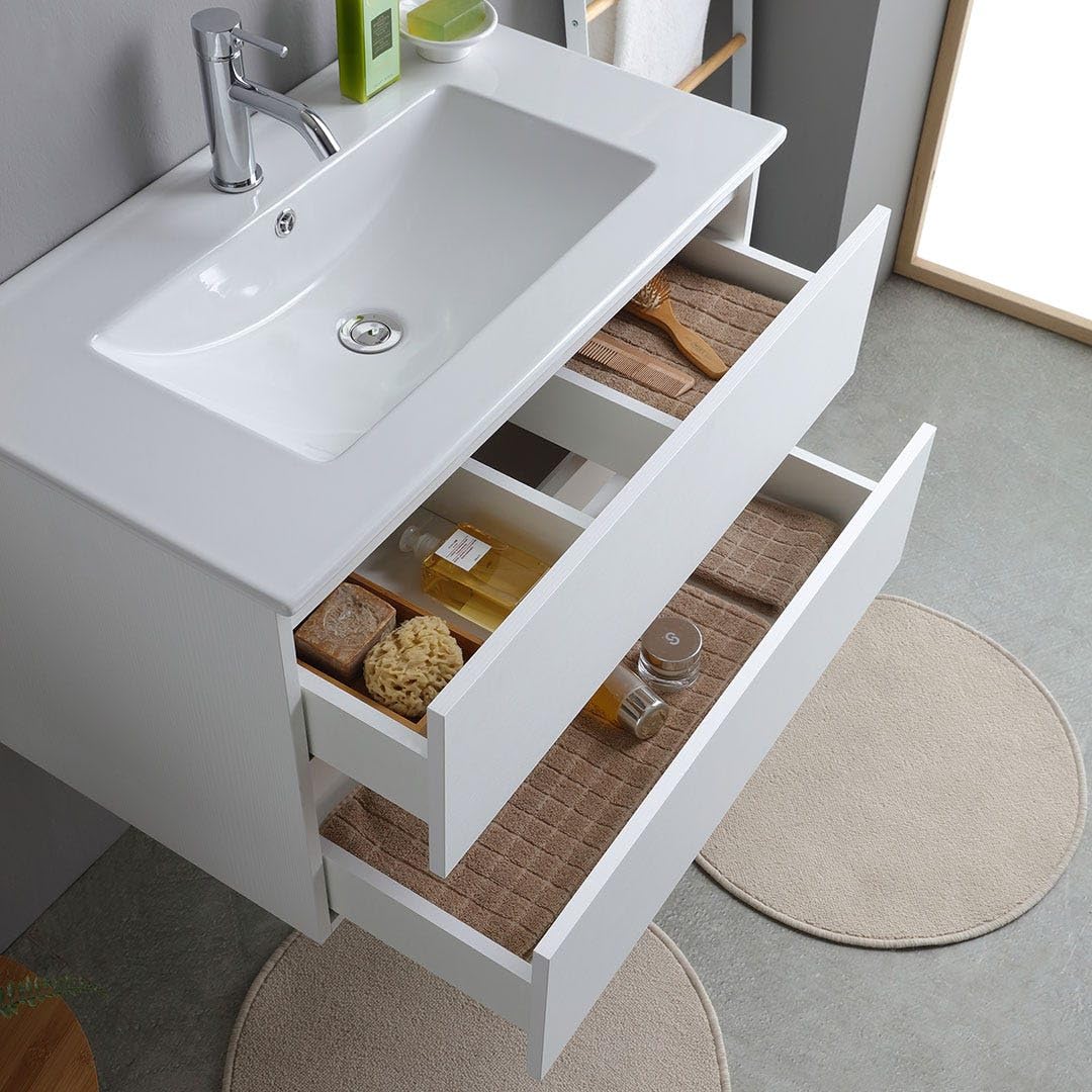 Kiamami Valentina Meuble de Salle de Bain 80 cm Blanc Effet Bois avec lavabo en céramique | Bilbao