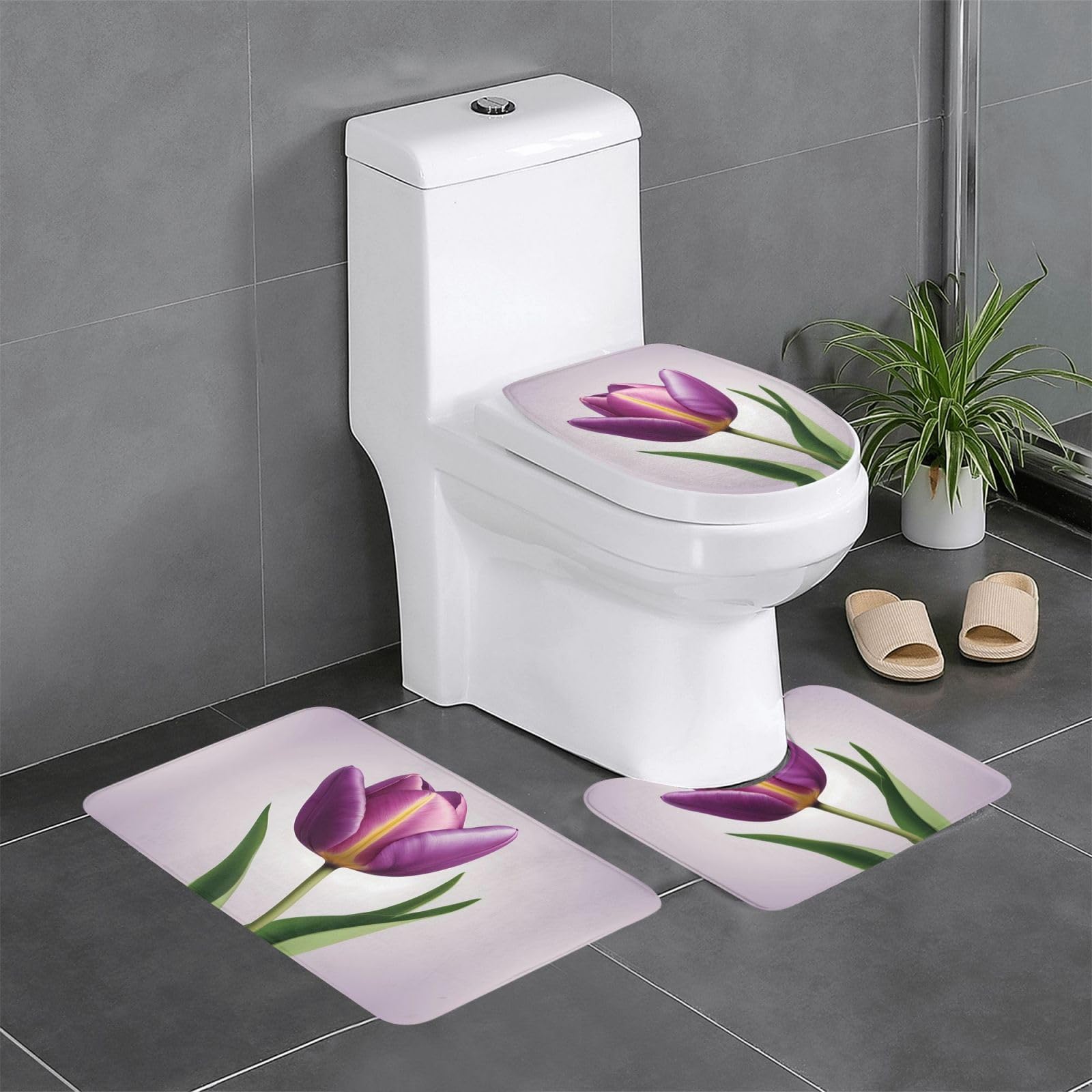 Tapis de bain tulipes violettes élégant avec motif floral lavable